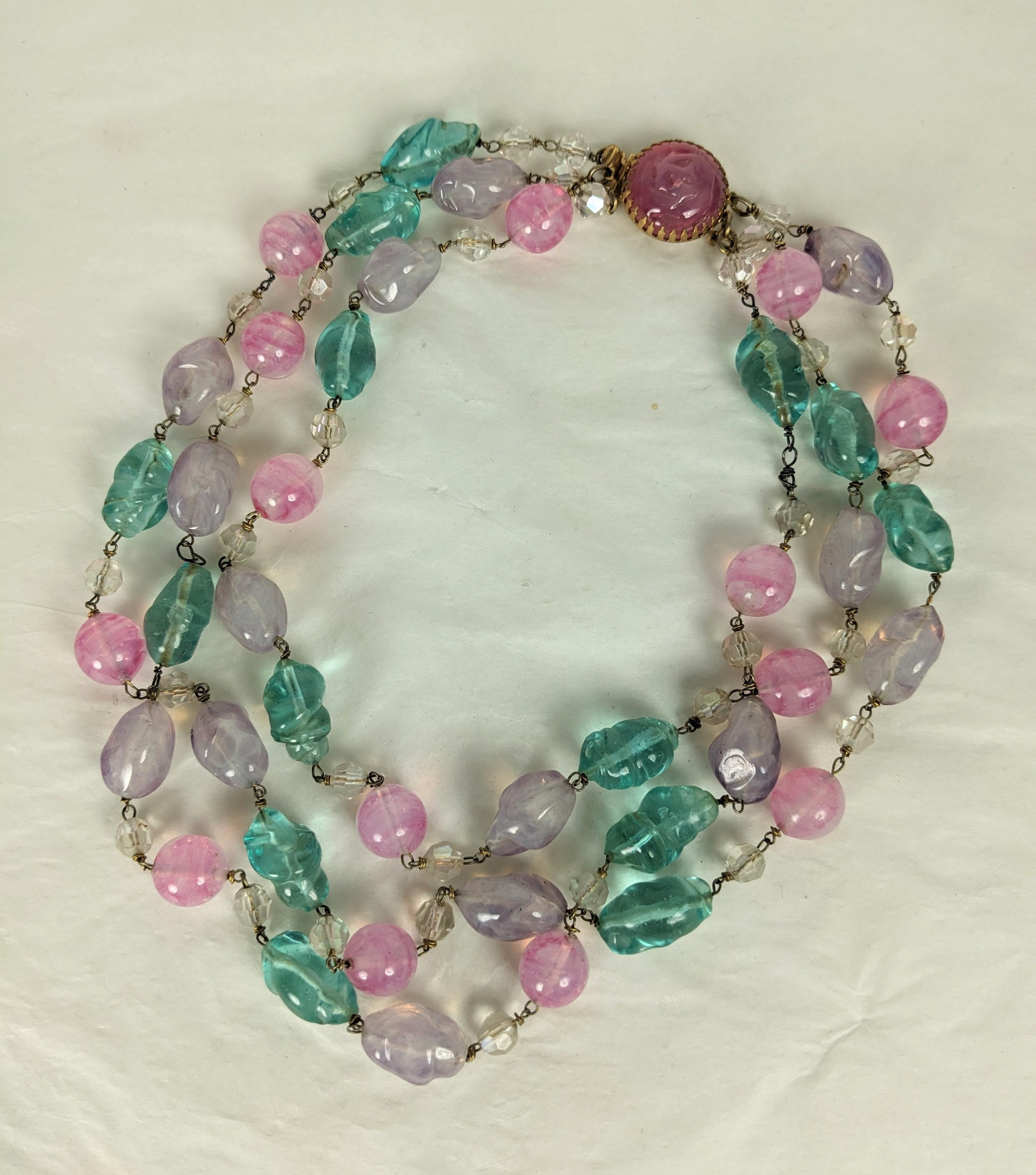 Louis Rousselet pastel 3 strand pate de verre bead necklace. Composed of rose quartz, amythest, and aquamarine pate de verre Gripoix glass handmade  beads. Finely hand wire wrapped and accented with aurora faceted round crystal beads. Round