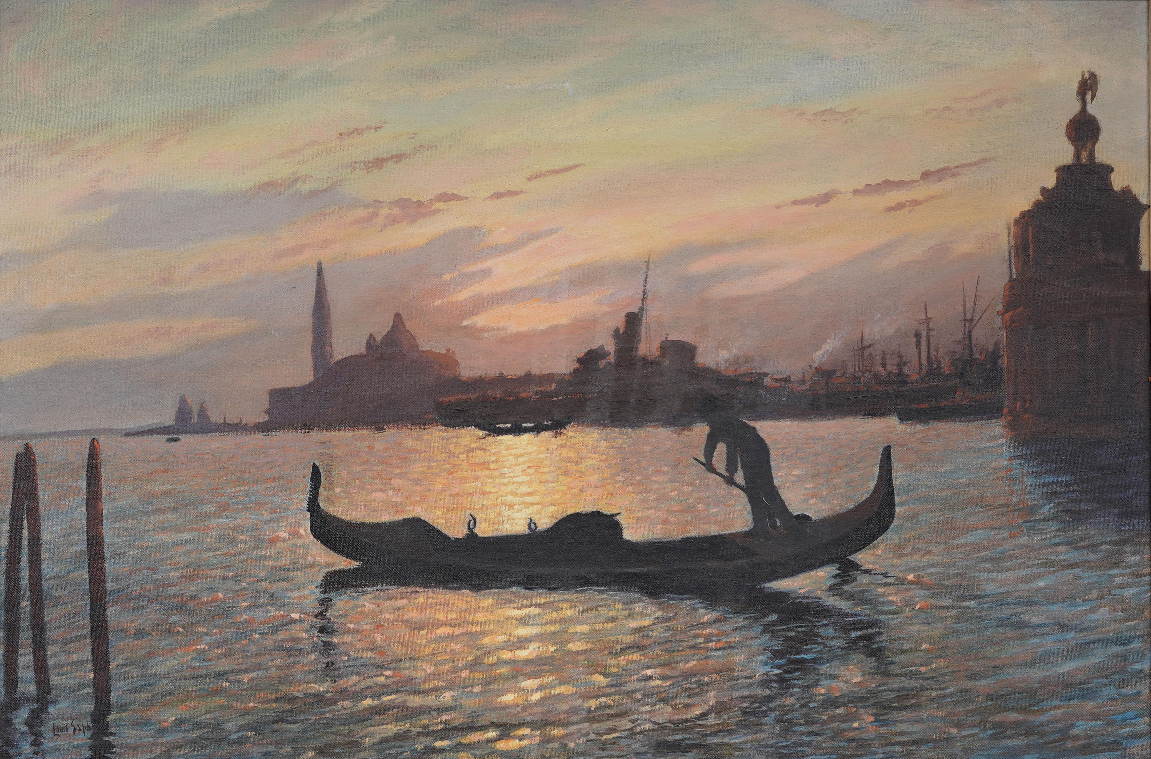 Peinture impressionniste ancienne encadrée de Venise, coucher de soleil, paysage urbain, gondole - Impressionnisme Painting par Louis Saphier 