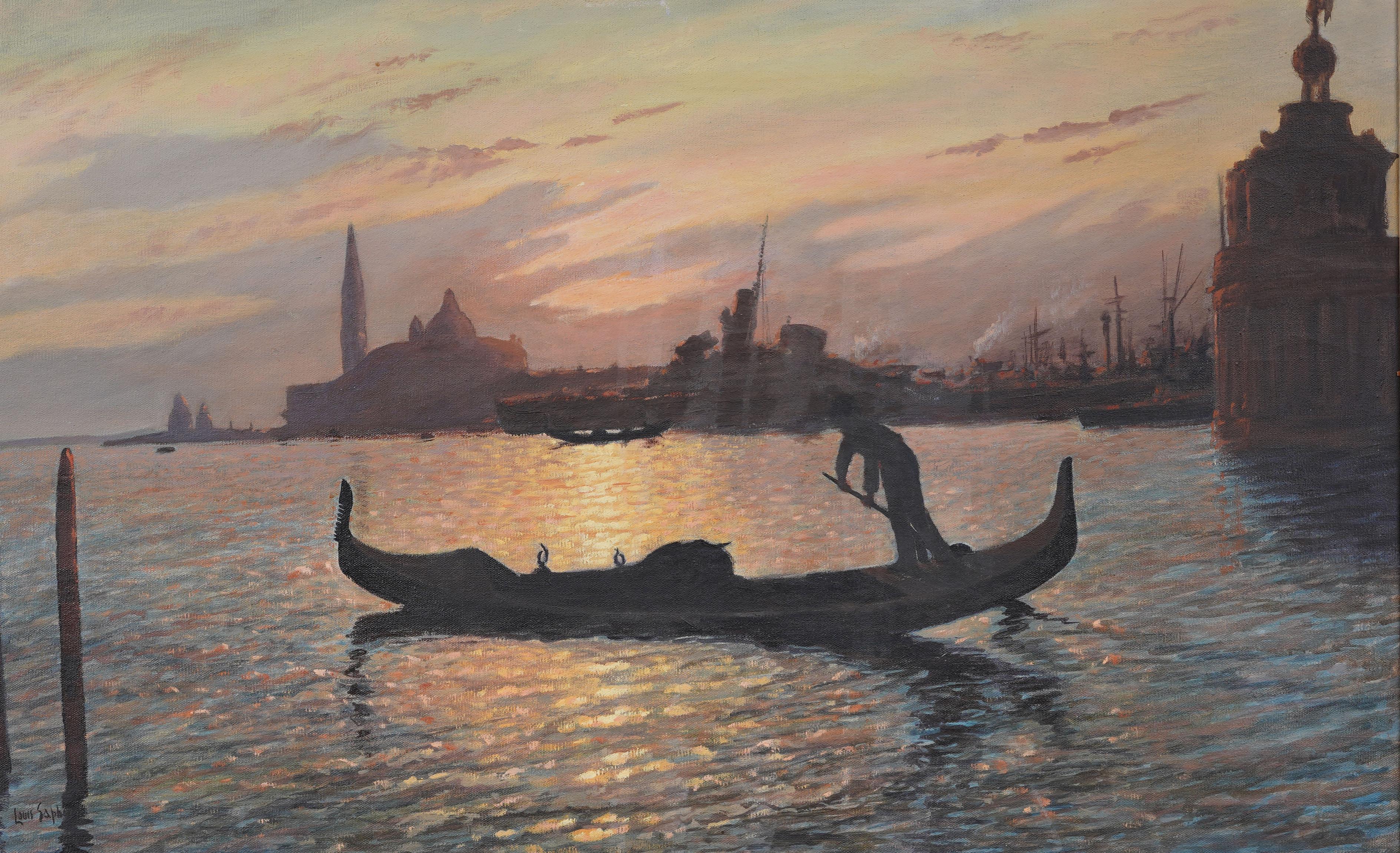 Peinture impressionniste ancienne encadrée de Venise, coucher de soleil, paysage urbain, gondole - Marron Figurative Painting par Louis Saphier 