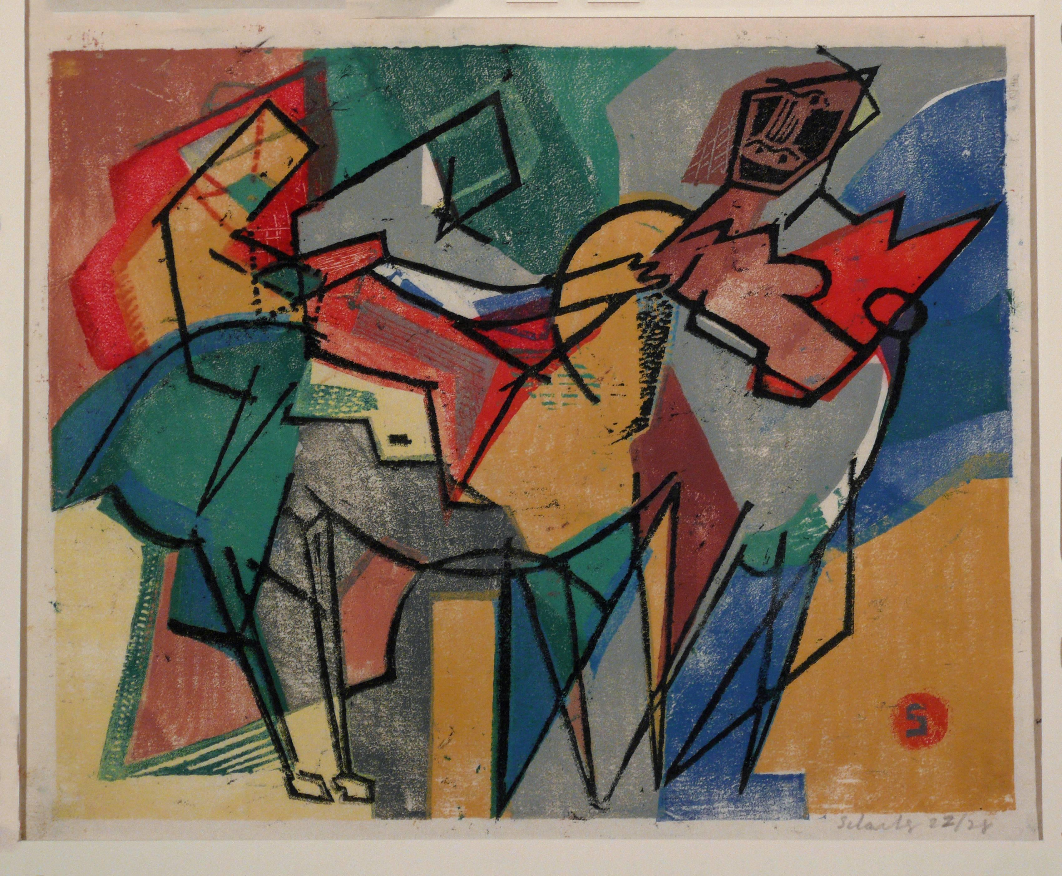 Louis Schanker Abstract Print - THREE MEN ON HORSES