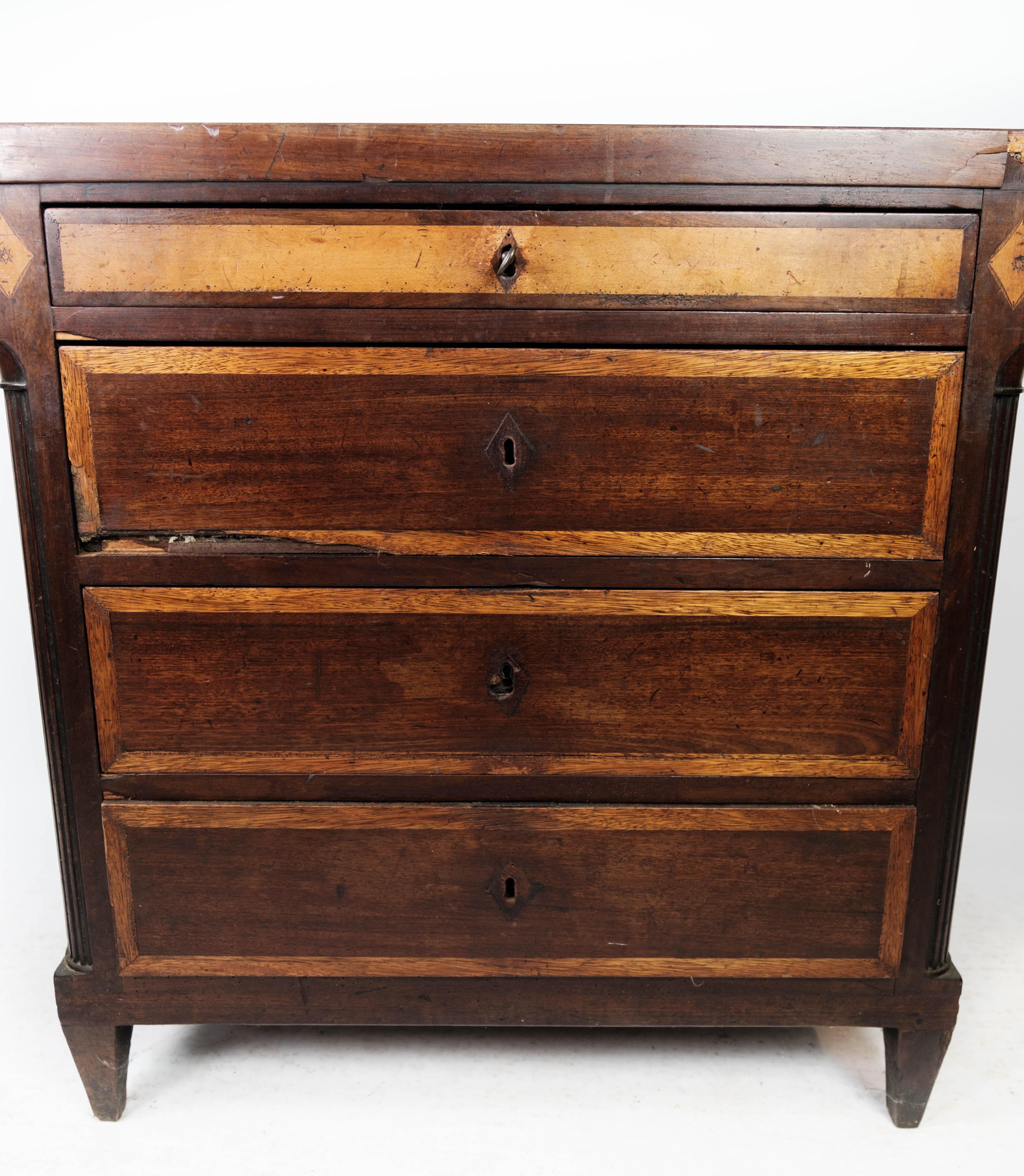 Danish Louis Seize Chest of Drawers Made In Mahogany With Inlaid Wood From 1790s For Sale