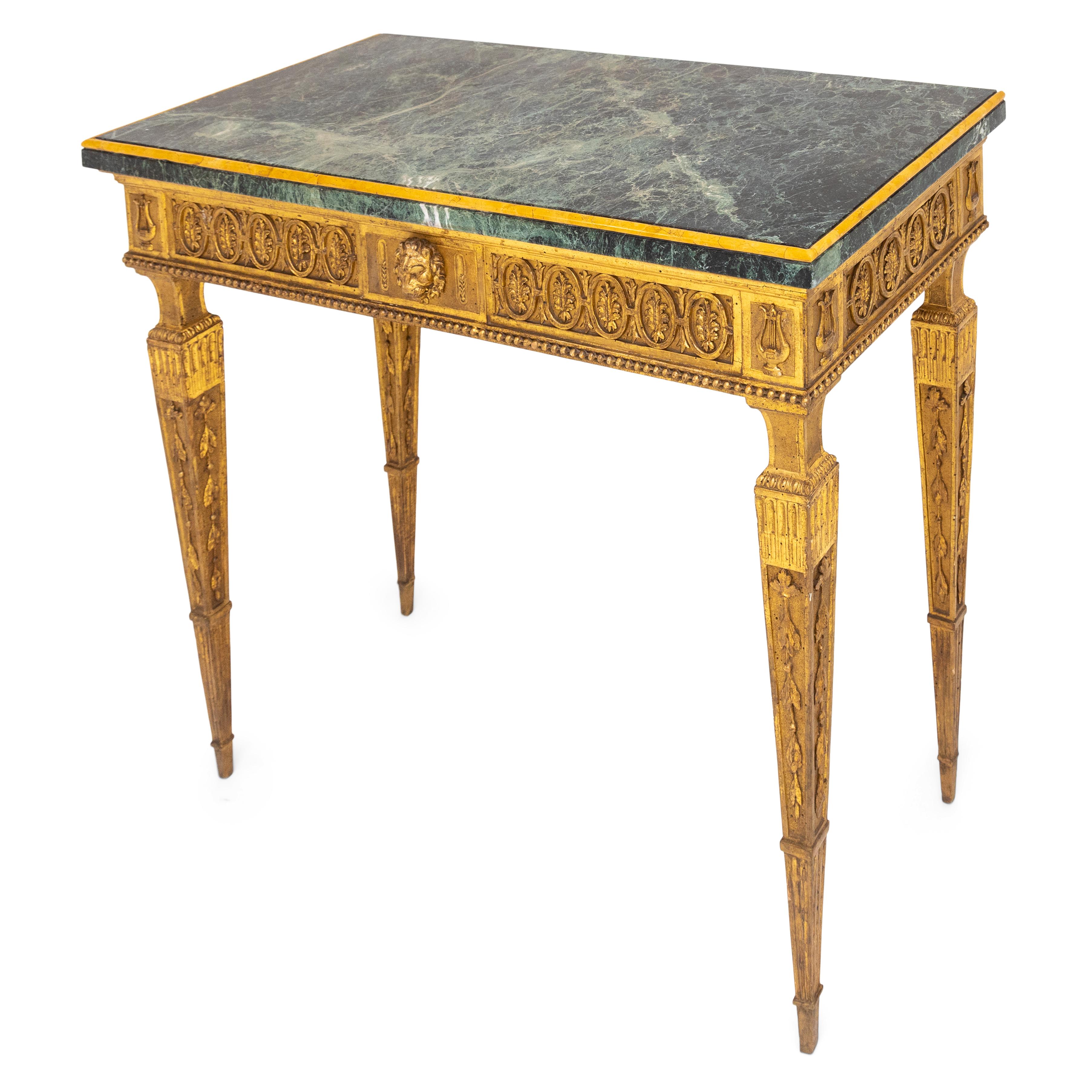 Gold-patinated Classicist console with a straight frame with pearl, lyre and acanthus leaf decoration in medallions and a central lion's head motif; standing on carved square-pointed feet with fluting and vine decoration. The green-veined marble
