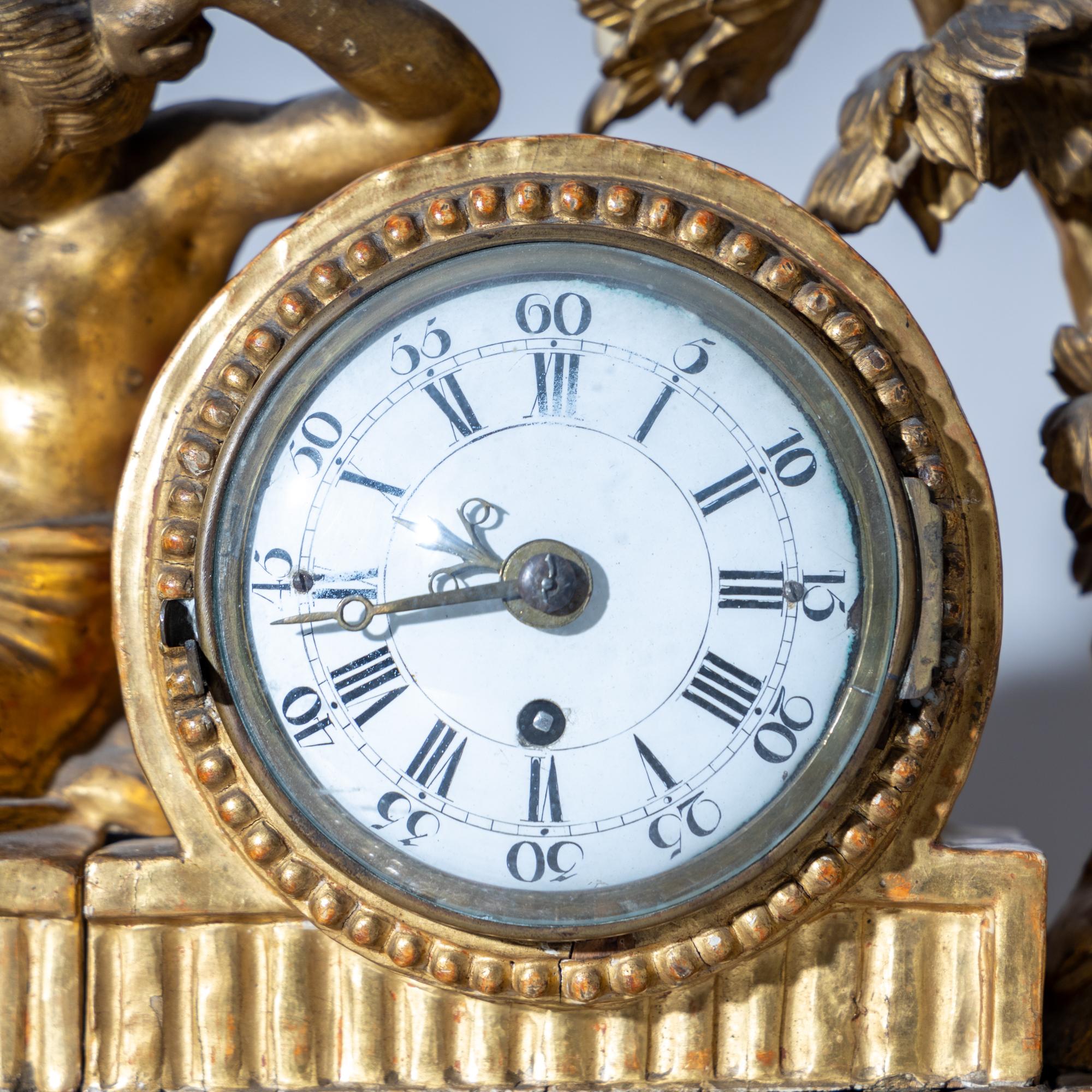 Brass Louis Seize Mantel Clock in a Giltwood Case, End of 18th Century For Sale
