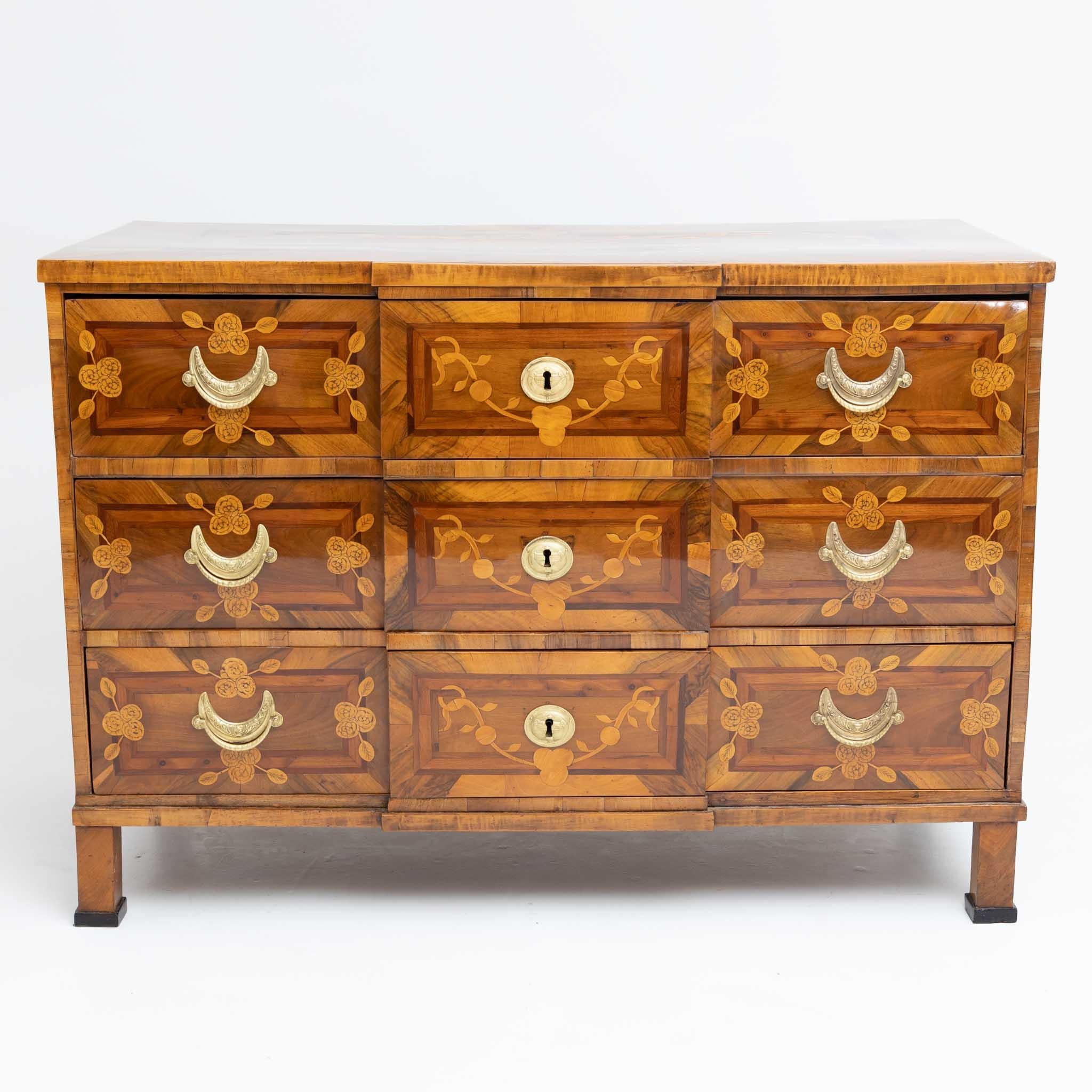 Brass Louis Seize Marquetry Chest of Drawers, Walnut veneered, Late 18th Century For Sale