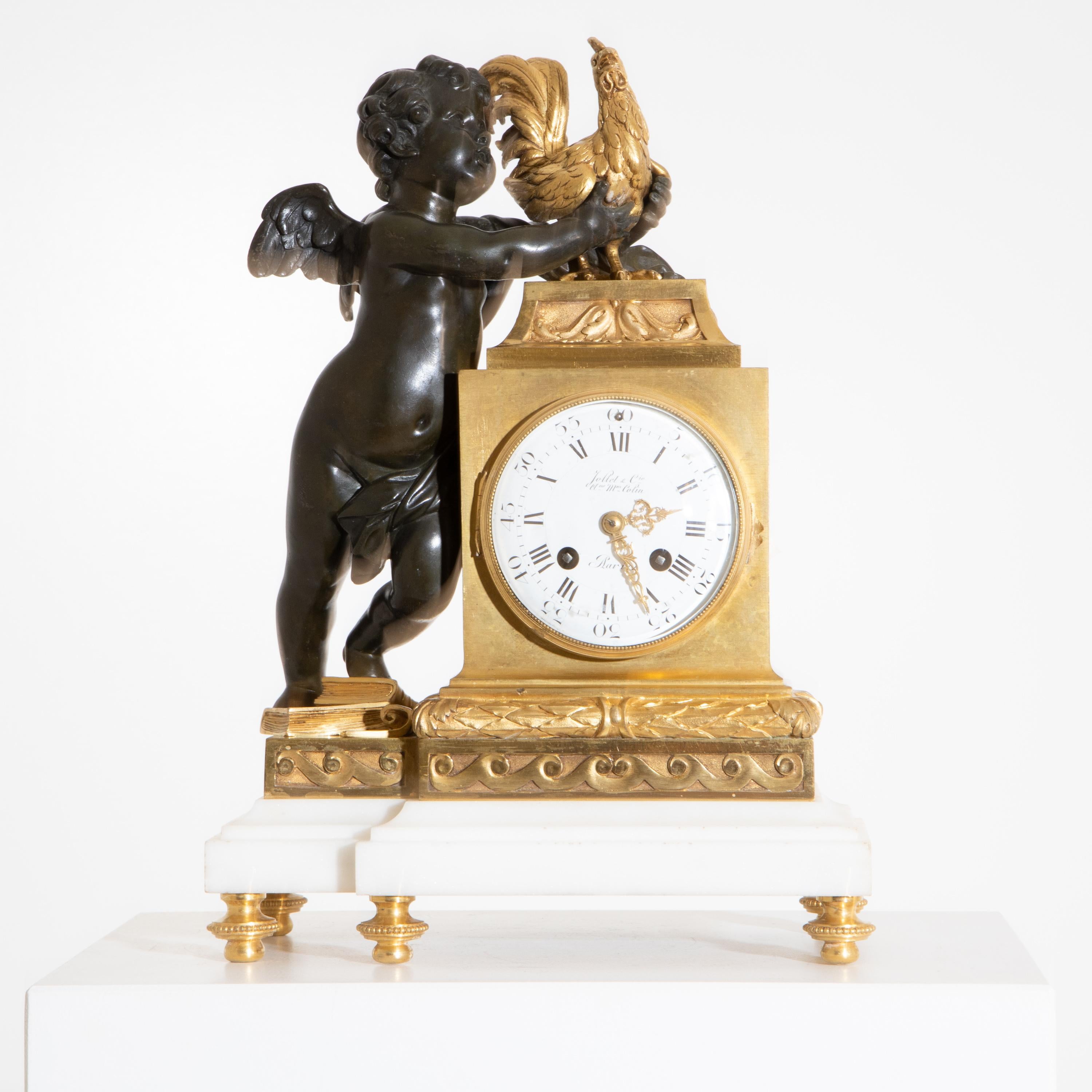 French pendule with stepped marble base and fire-gilded bronze casing. A putto balancing on a pile of books grabs a cock and thus refers to studying, which requires an alert mind for this. The enamel dial is inscribed: Jollet & Cie, Colin à