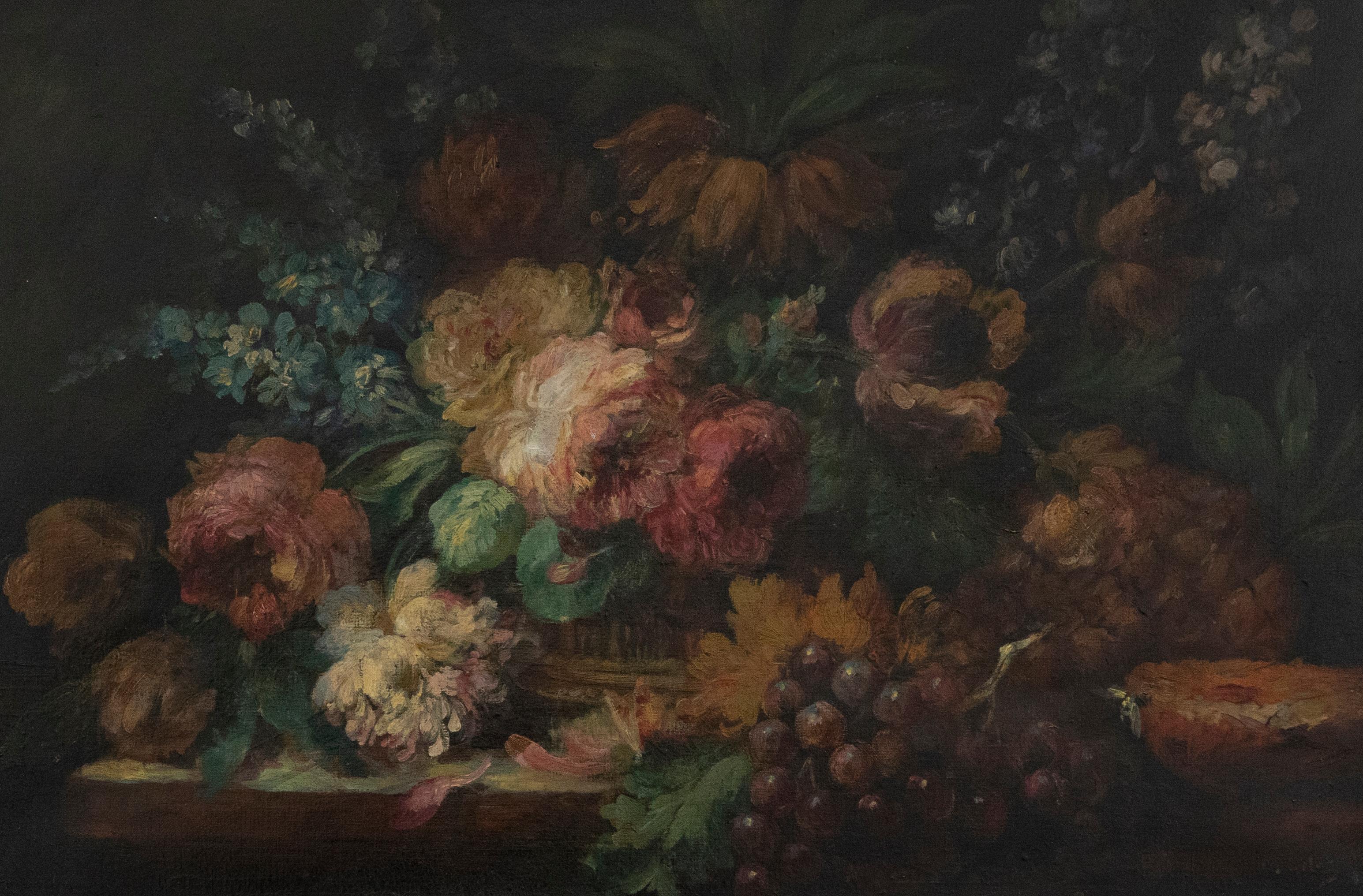 Louis Silas - Framed  19th Century Oil, Still Life of Flowers & Fruit 1