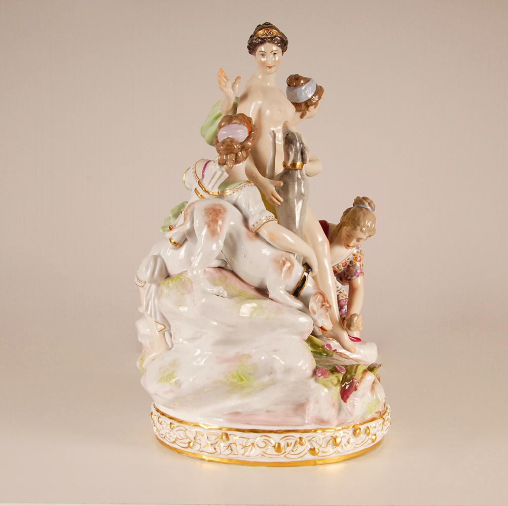 Louis Simon Boizot Porcelain Figural group bathing Diana. 
Made by Edme Samson Paris
Depicting a Mythological scene of Diana the Huntress
Titled: Diana au bain
The original is in biscuit porcelain made in 1790 by Louis - Simon Boizot for