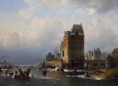 19th Century winter landscape oil painting of figures skating on a Dutch lake