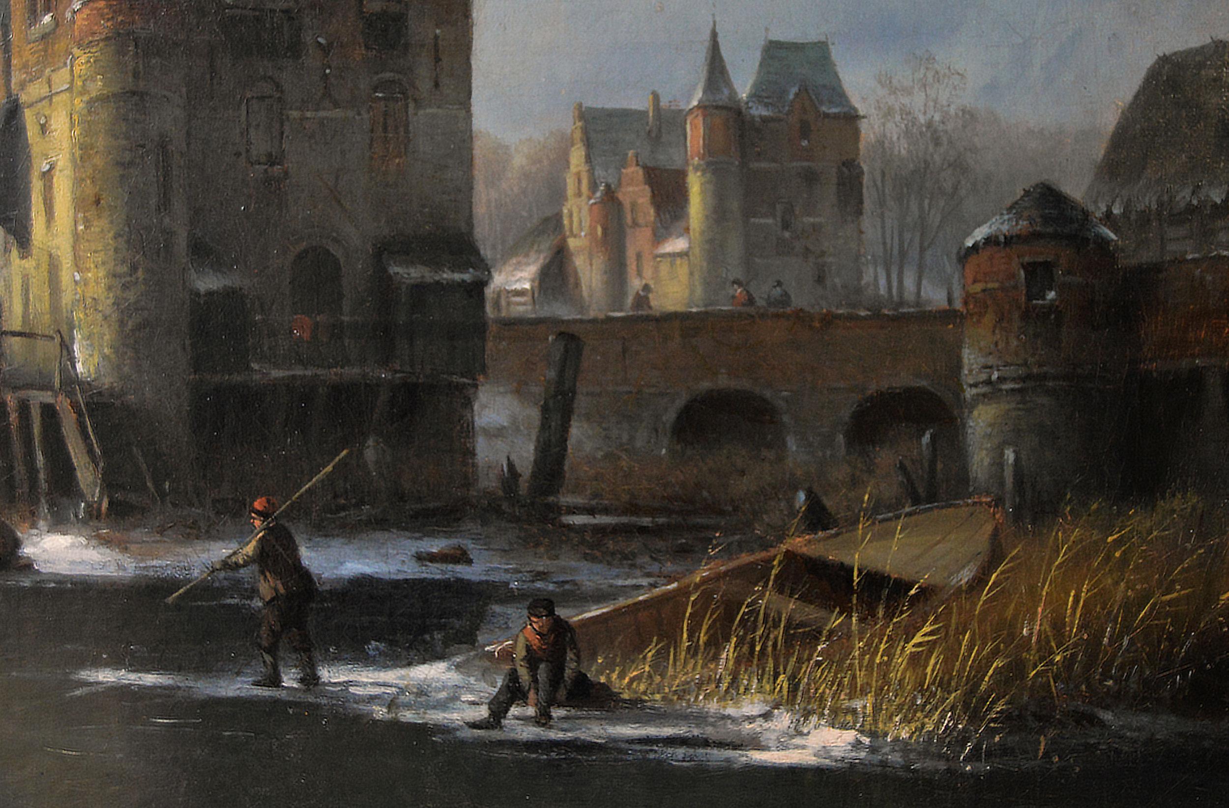 19th Century winter landscape oil painting of figures skating on a Dutch lake - Victorian Painting by Louis Smets