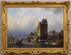 Peinture à l'huile d'un paysage d'hiver du 19e siècle représentant des personnages patinant sur un lac néerlandais