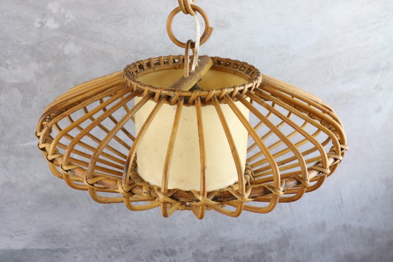 Louis Sognot Bamboo and Rattan Chandelier Mid-Century Modern 1960, France For Sale 4