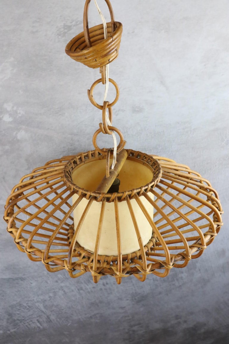 Louis Sognot Bamboo and Rattan Chandelier Mid-Century Modern 1960, France For Sale 5
