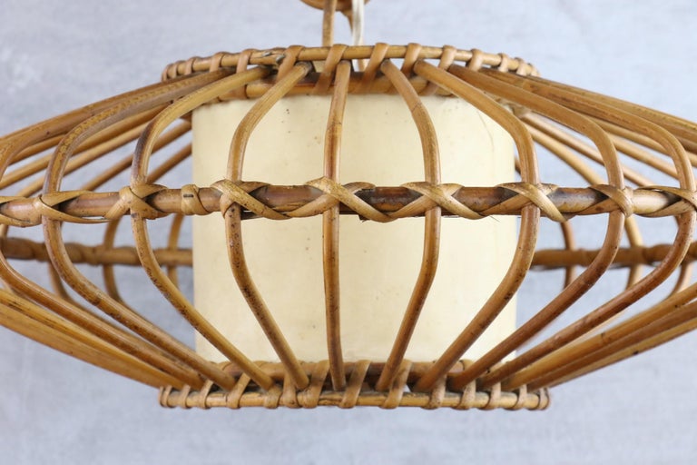 French Louis Sognot Bamboo and Rattan Chandelier Mid-Century Modern 1960, France For Sale