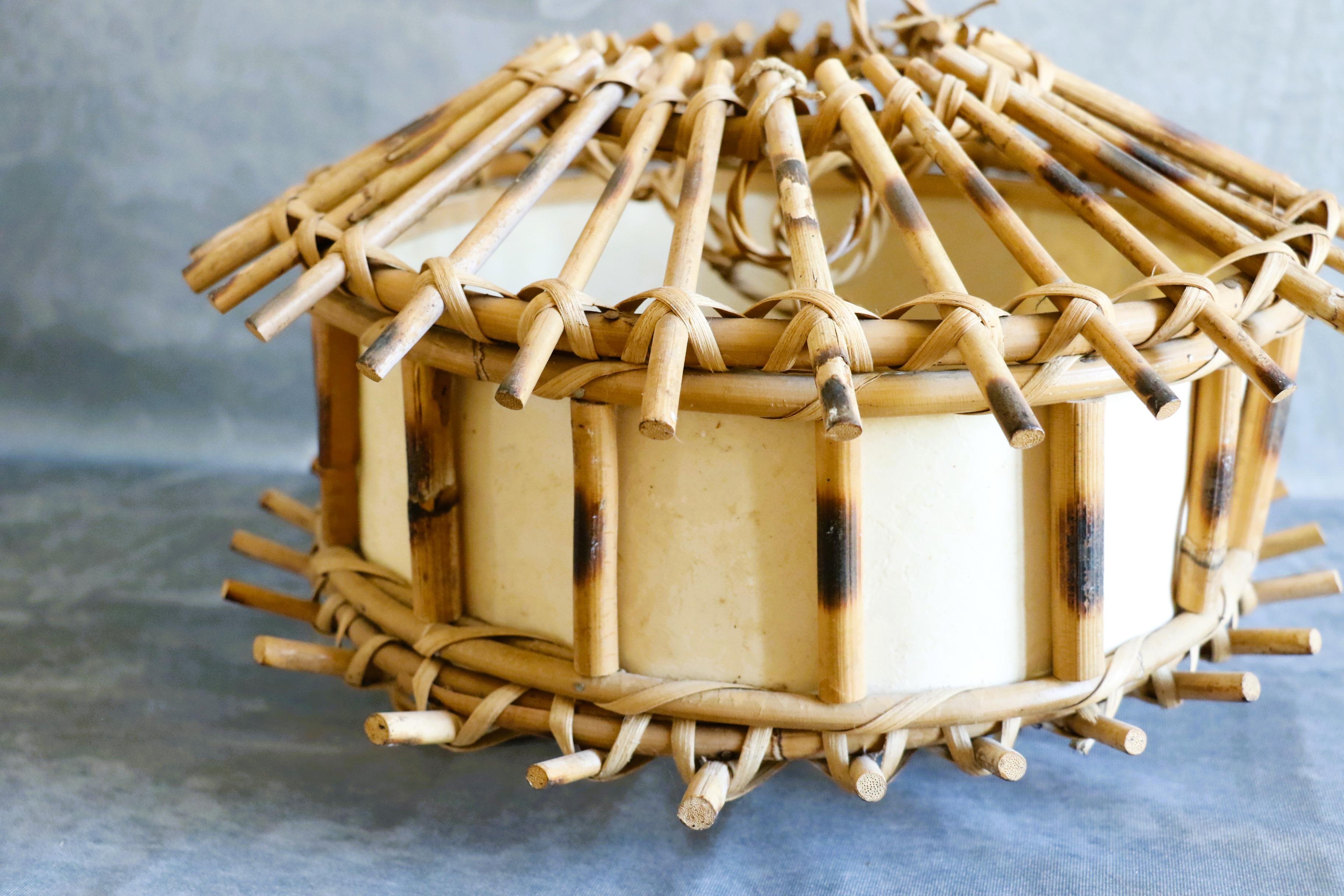 French Louis Sognot Bamboo and Rattan Chandelier Mid-Century Modern 1960, France For Sale