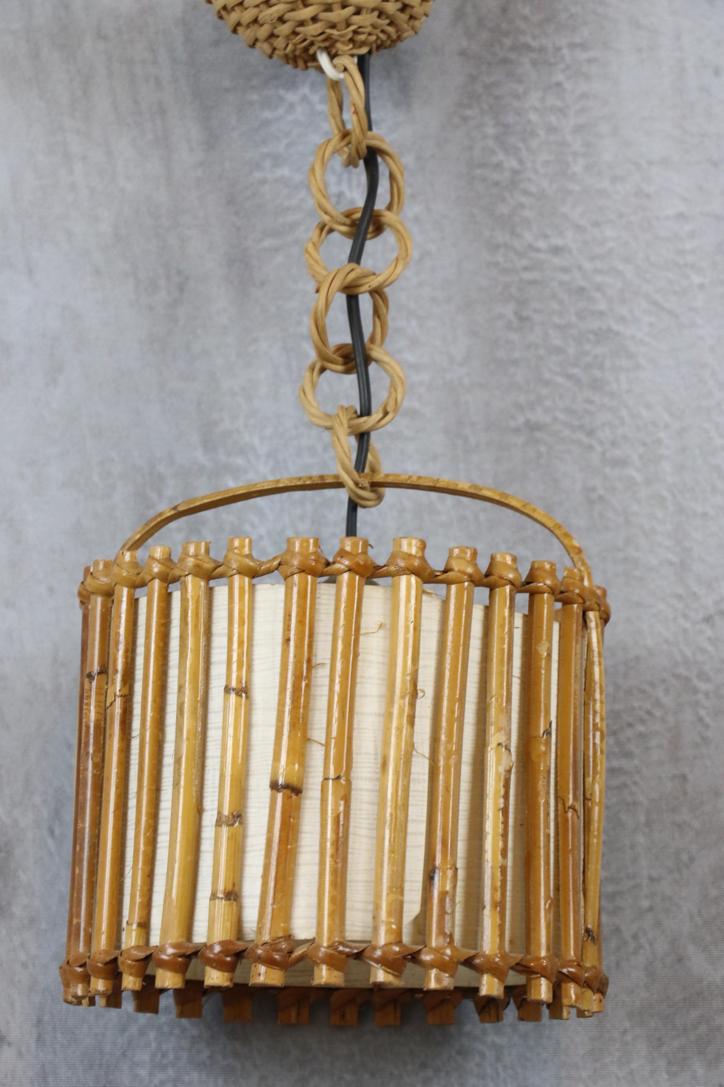 French Louis Sognot Bamboo and Rattan Chandelier Mid Century Modern 1960, France For Sale