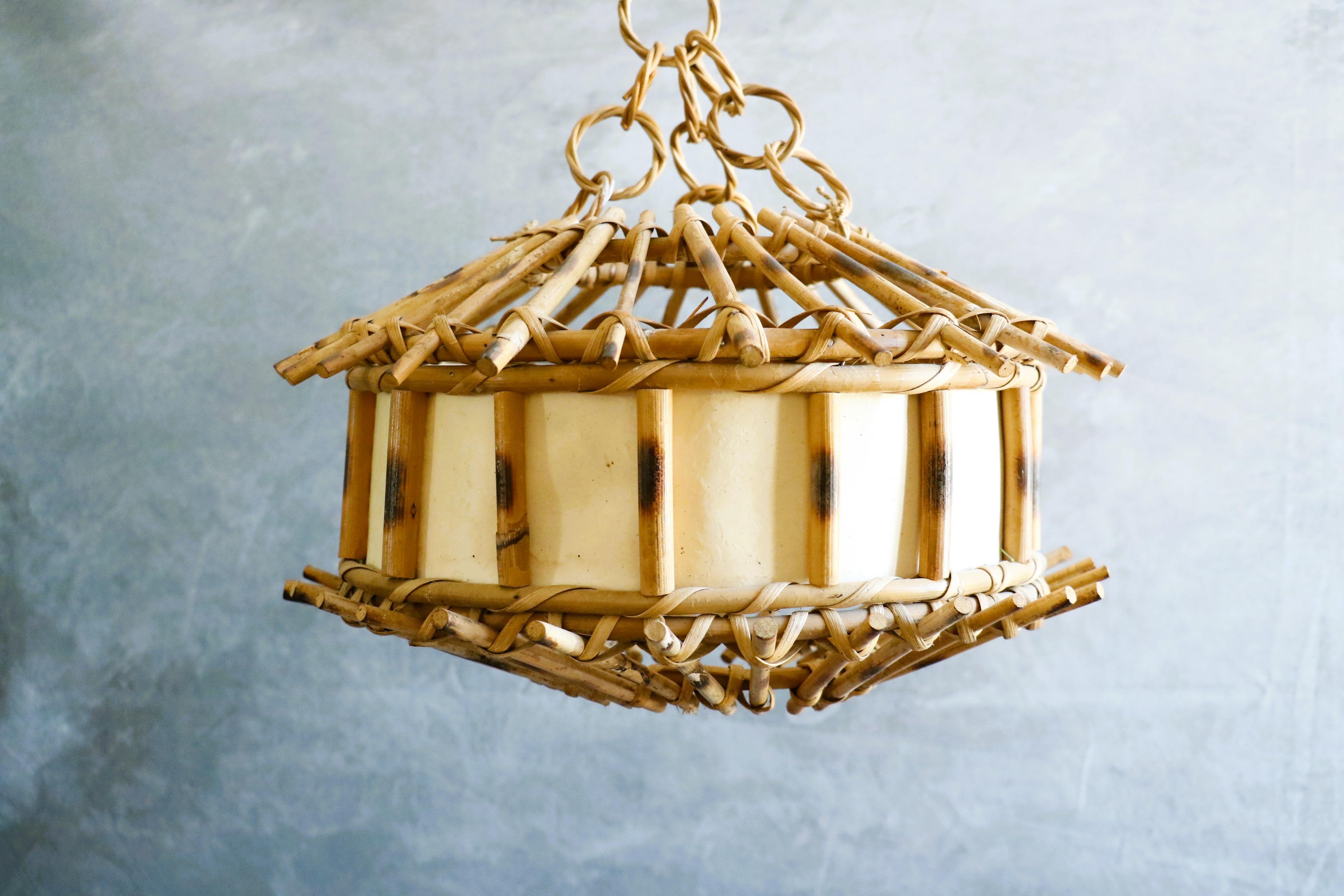 20th Century Louis Sognot Bamboo and Rattan Chandelier Mid-Century Modern 1960, France For Sale