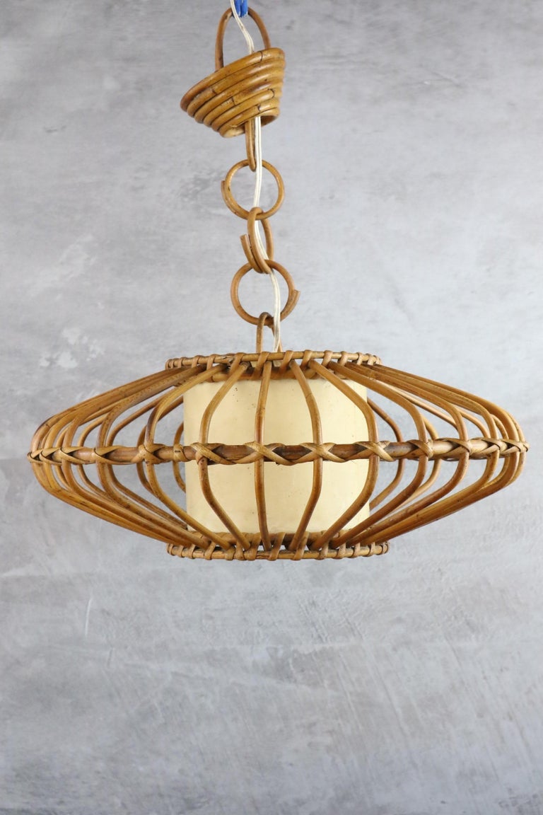 Cotton Louis Sognot Bamboo and Rattan Chandelier Mid-Century Modern 1960, France For Sale