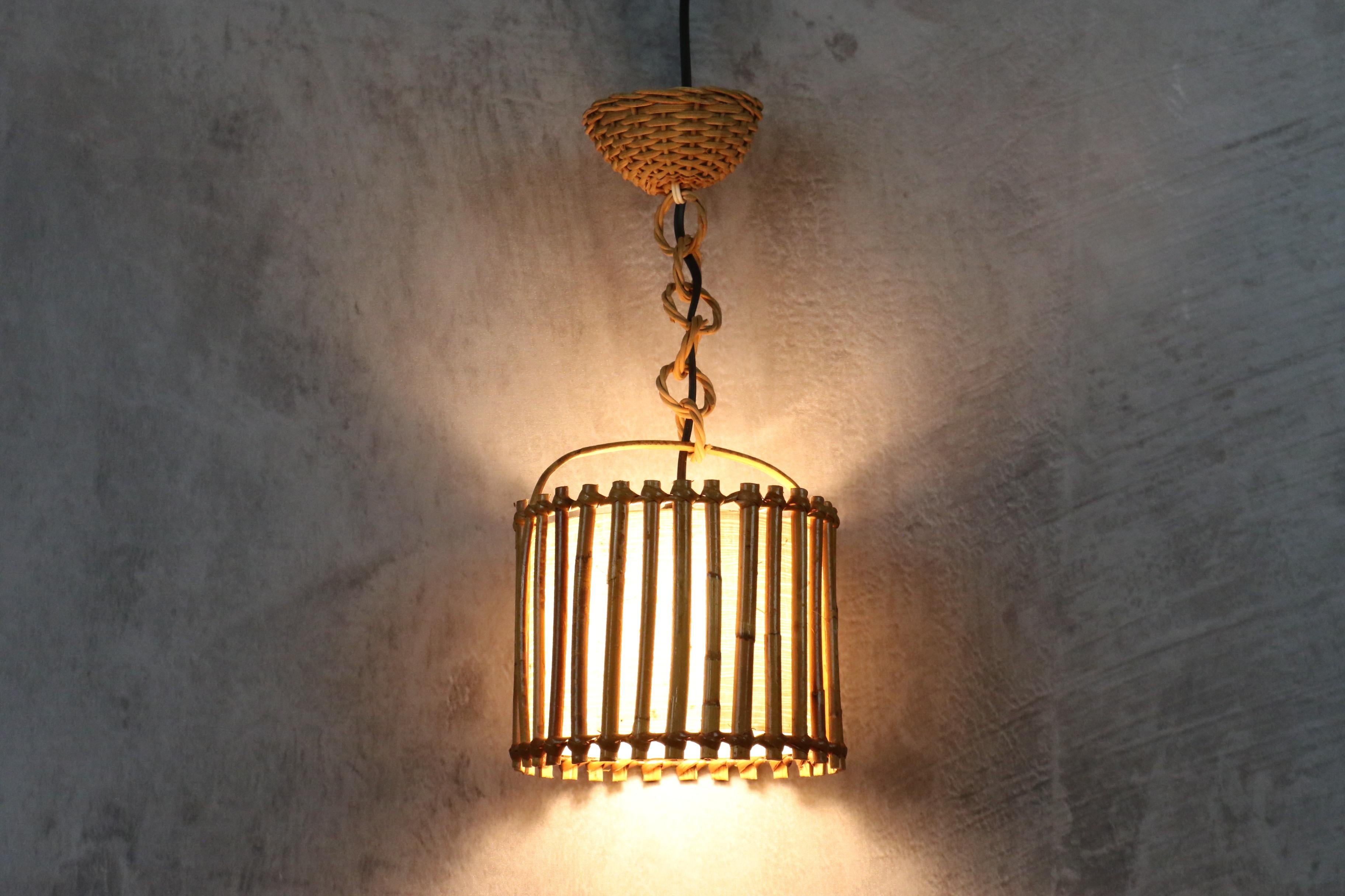 20th Century Louis Sognot Bamboo and Rattan Chandelier Mid Century Modern 1960, France For Sale