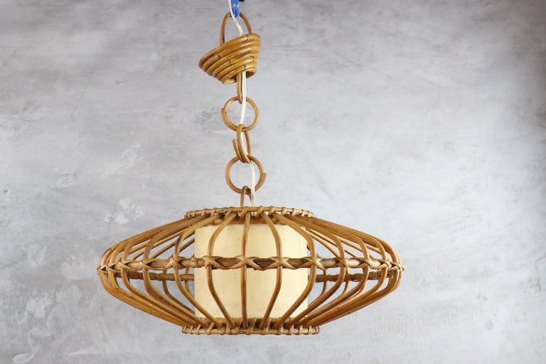 Louis Sognot Bamboo and Rattan Chandelier Mid-Century Modern 1960, France For Sale 1
