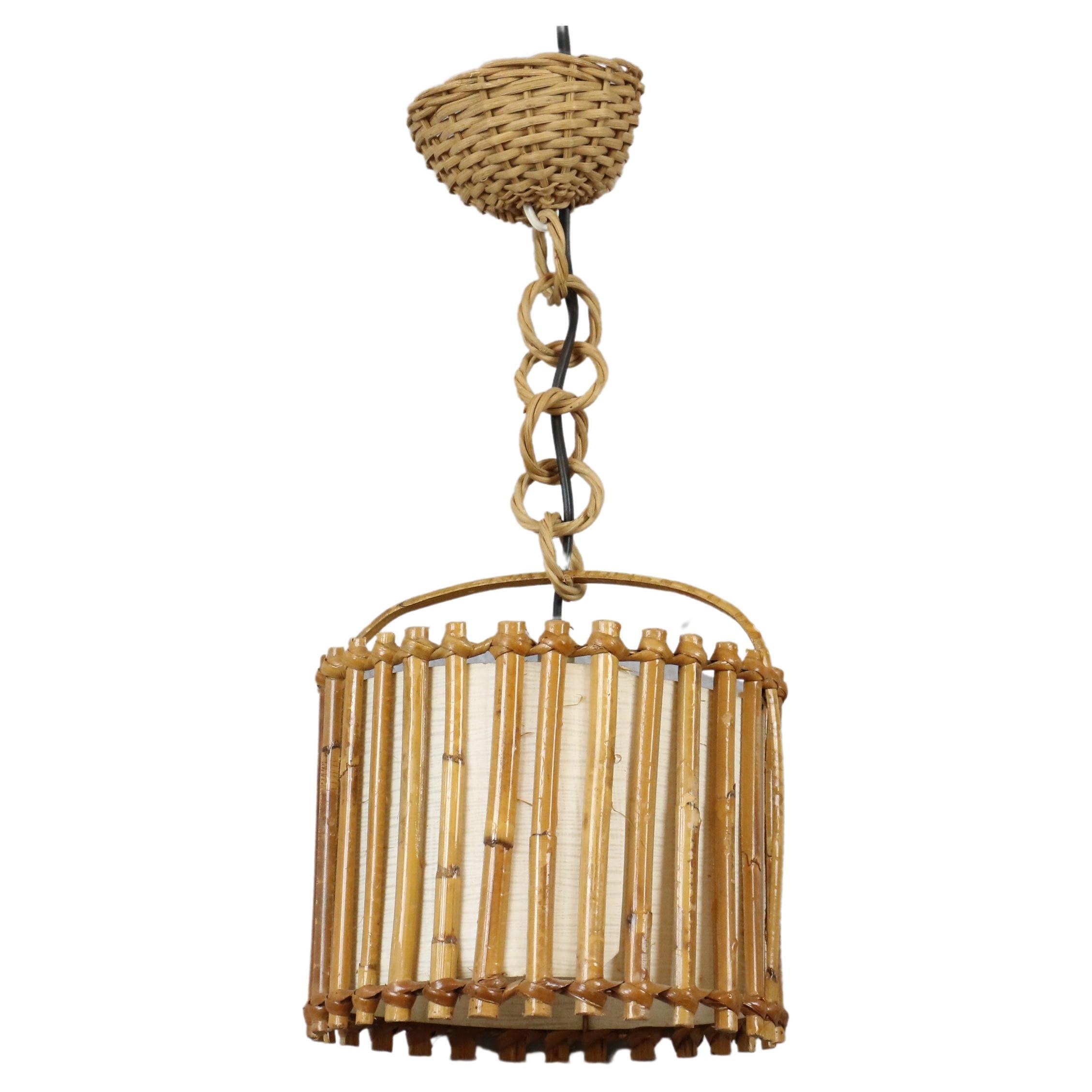 Louis Sognot Bamboo and Rattan Chandelier Mid Century Modern 1960, France