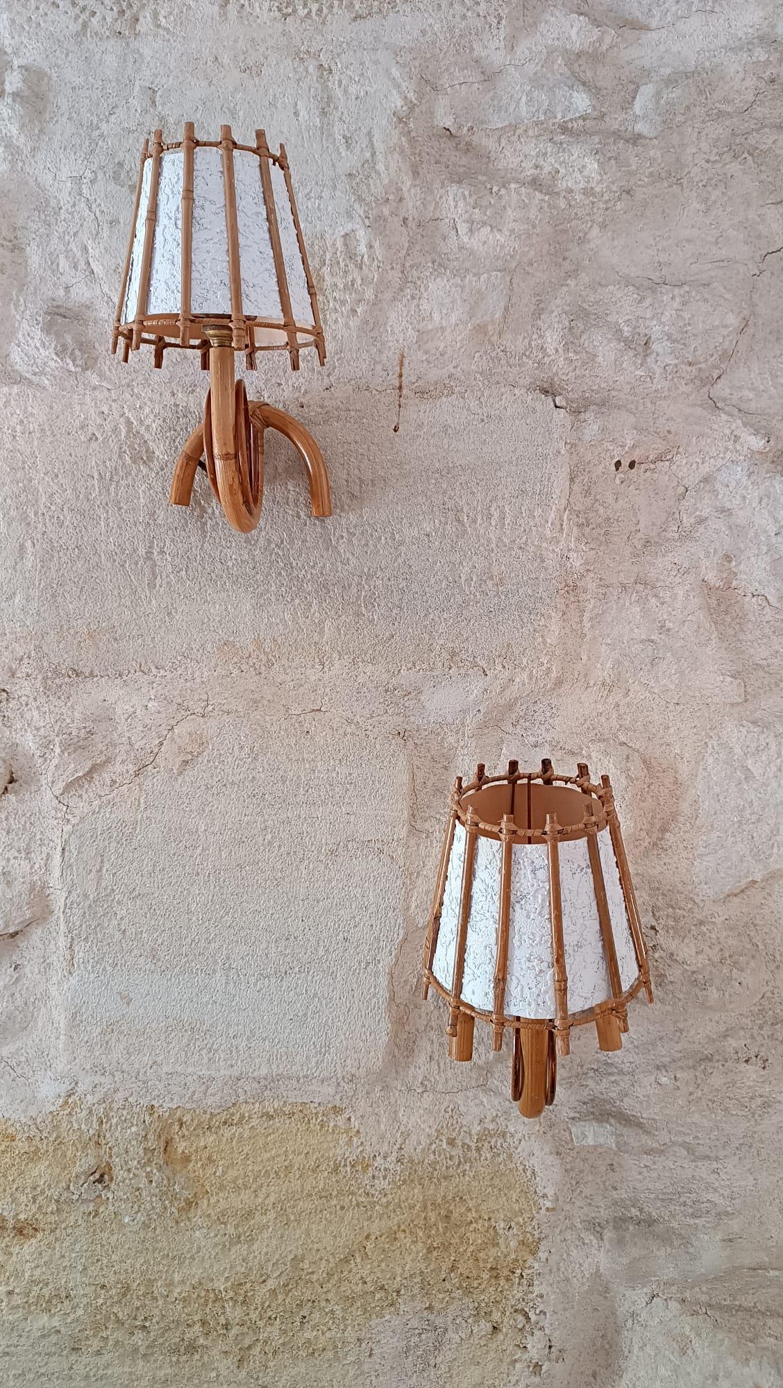 Louis Sognot bamboo and rattan pair of wall lamps Mid-Century Modern 1960 France For Sale 7