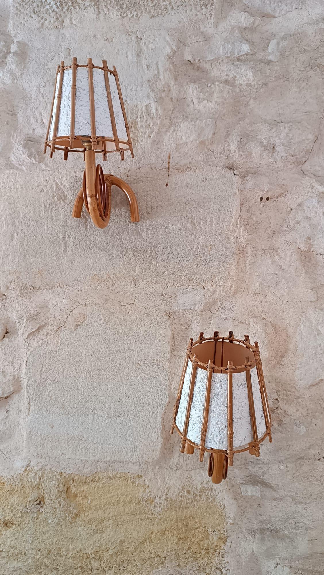 Louis Sognot bamboo and rattan pair of wall lamps Mid-Century Modern 1960 France For Sale 8