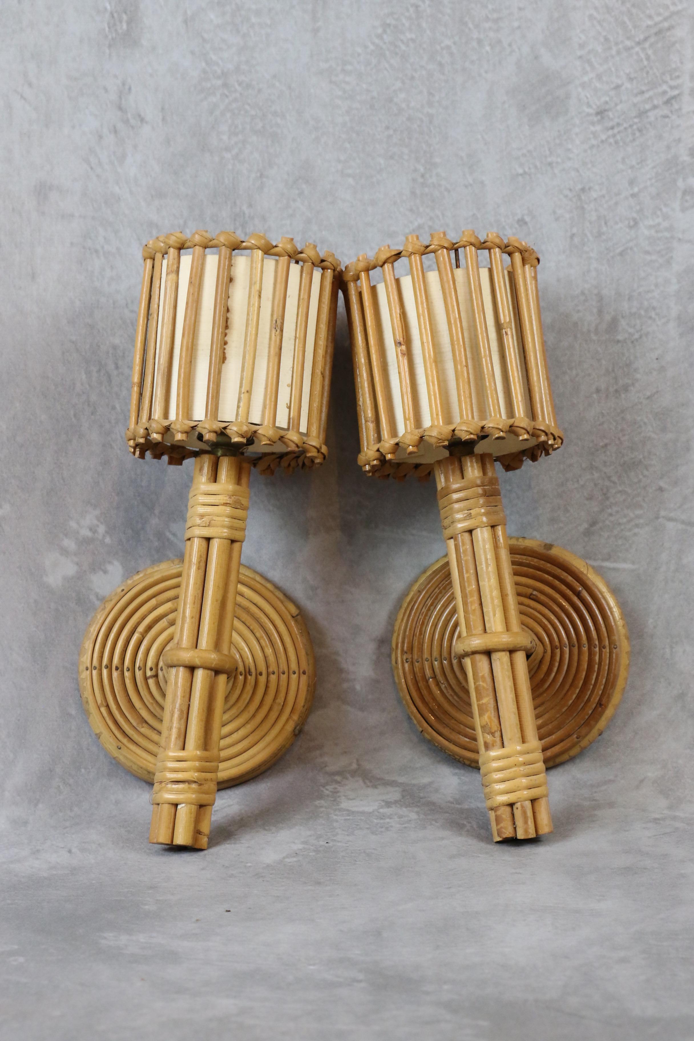 French Louis Sognot bamboo and rattan pair of wall lamps Mid-Century Modern 1960 France For Sale