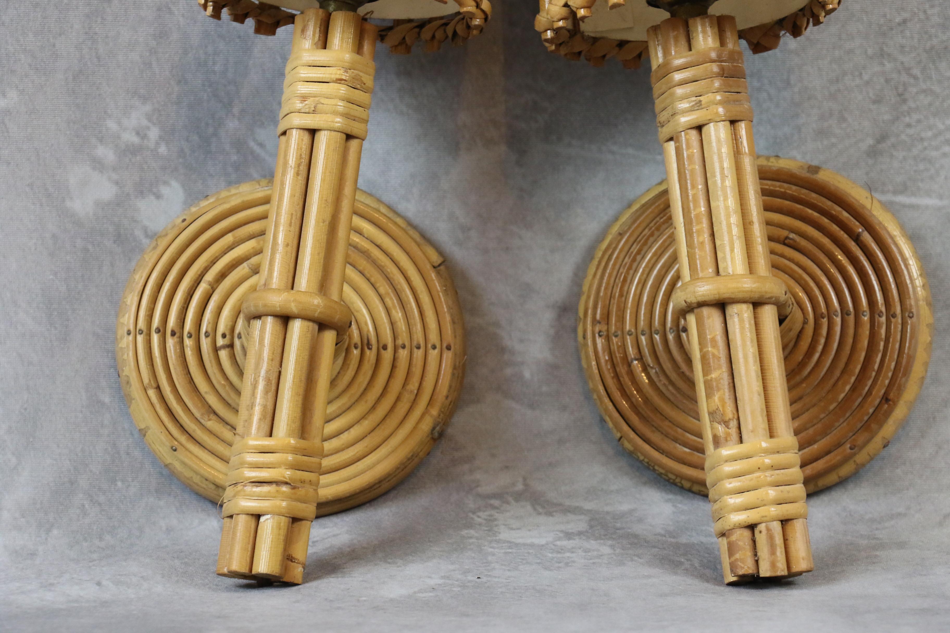 20th Century Louis Sognot bamboo and rattan pair of wall lamps Mid-Century Modern 1960 France For Sale