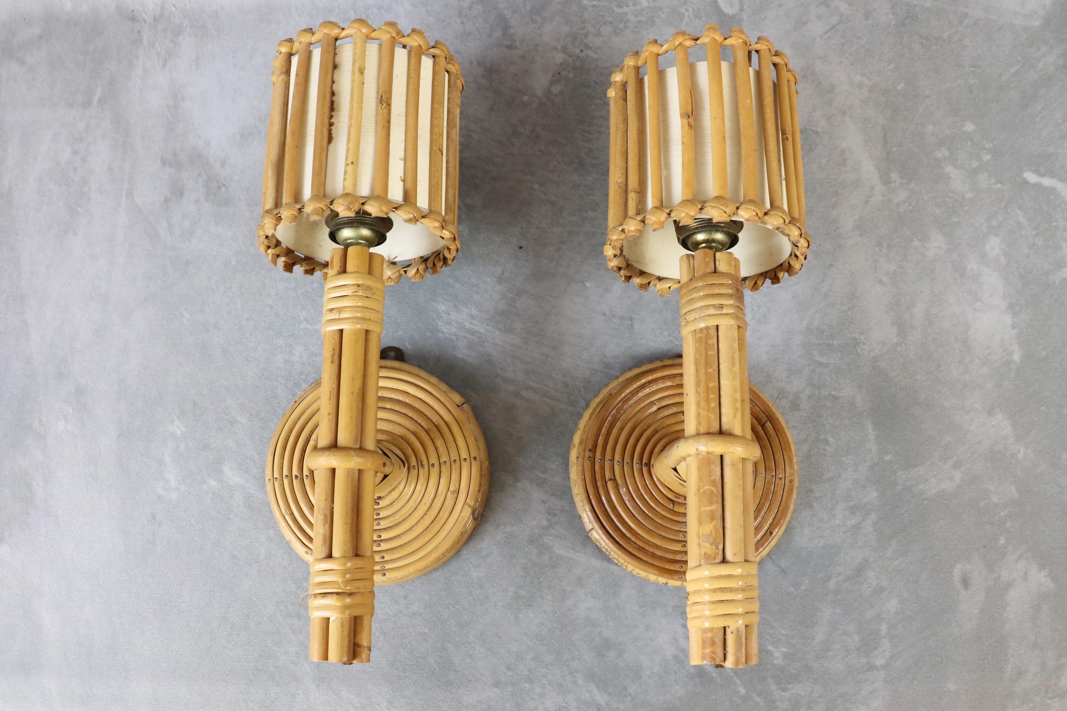 Bamboo Louis Sognot bamboo and rattan pair of wall lamps Mid-Century Modern 1960 France For Sale
