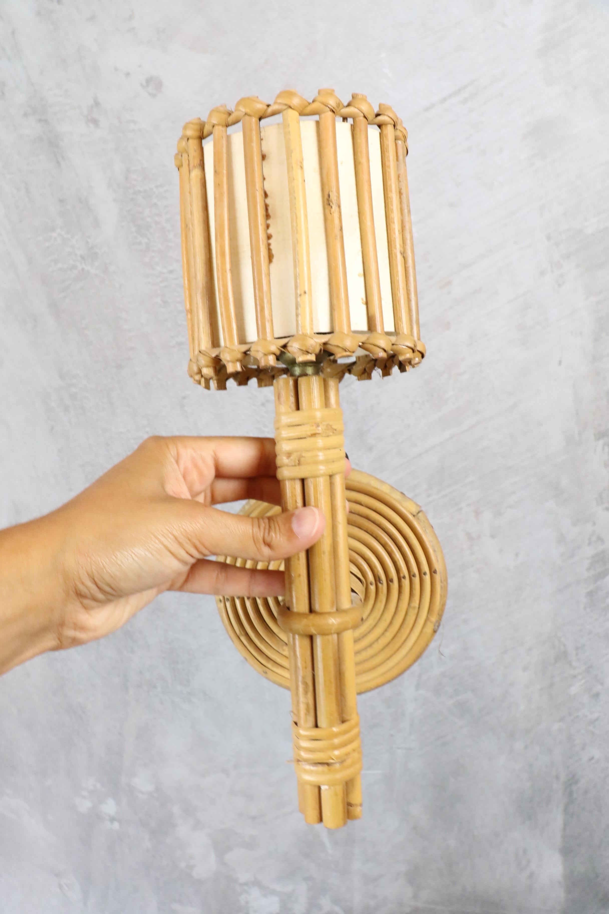 Louis Sognot bamboo and rattan pair of wall lamps Mid-Century Modern 1960 France For Sale 1