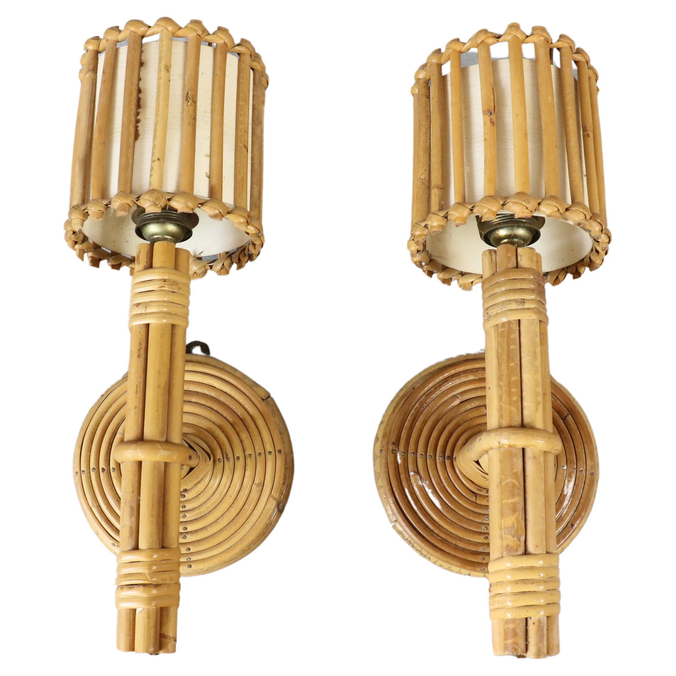 Louis Sognot bamboo and rattan pair of wall lamps Mid-Century Modern 1960 France For Sale
