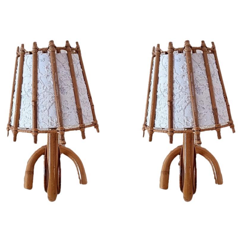 Louis Sognot bamboo and rattan pair of wall lamps Mid-Century Modern 1960 France For Sale
