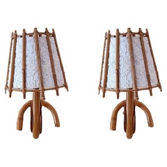 Vintage Louis Sognot bamboo and rattan pair of wall lamps Mid-Century Modern 1960 France