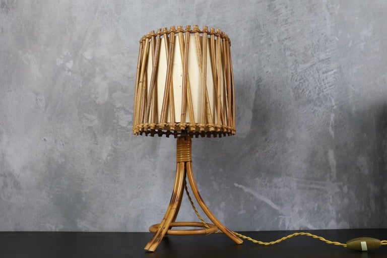French Louis Sognot Bamboo and Rattan Table Lamp Mid-Century Modern 1960, France For Sale