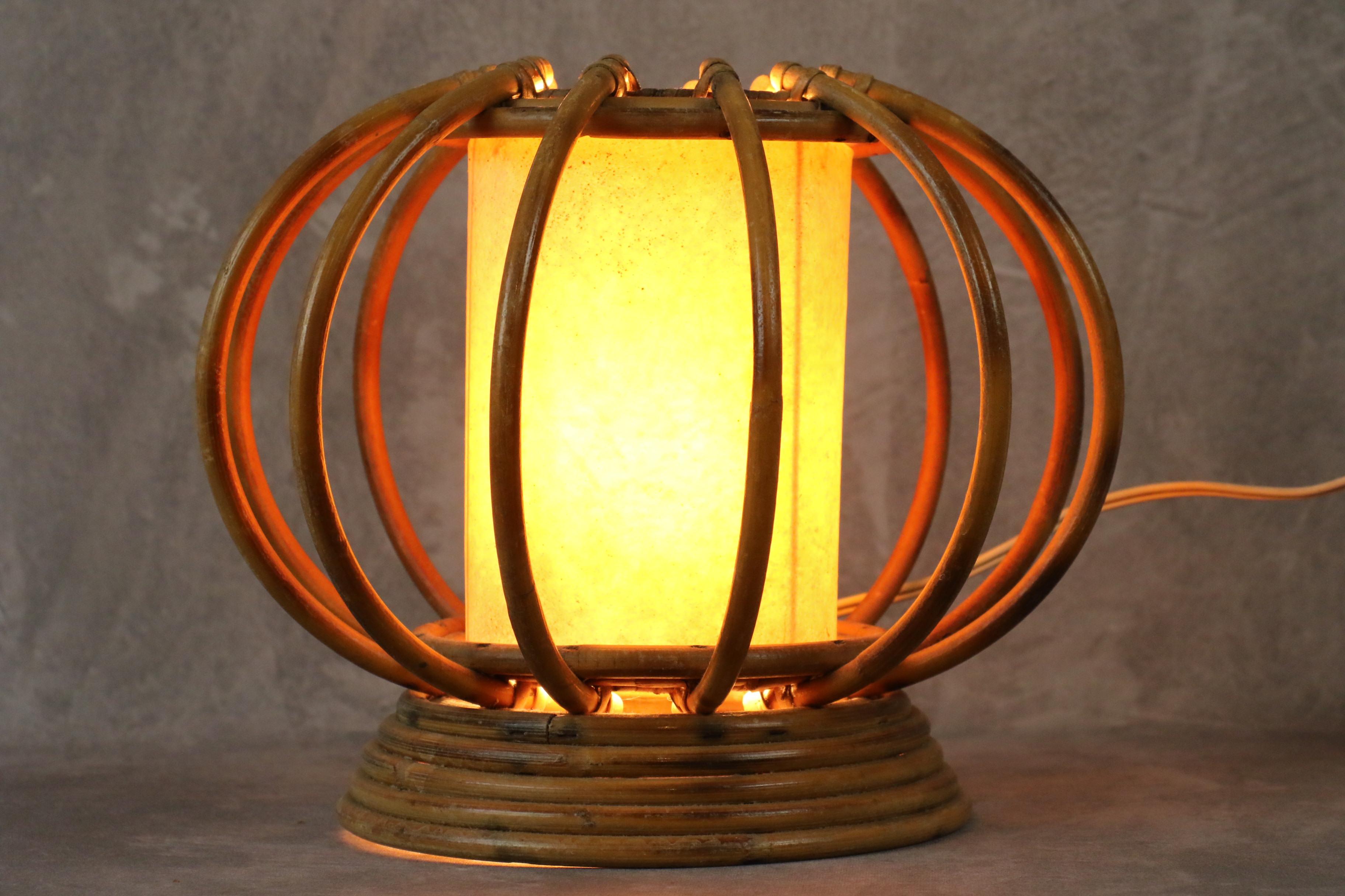 French Louis Sognot Bamboo and Rattan Table Lamp Mid-Century Modern 1960, France For Sale