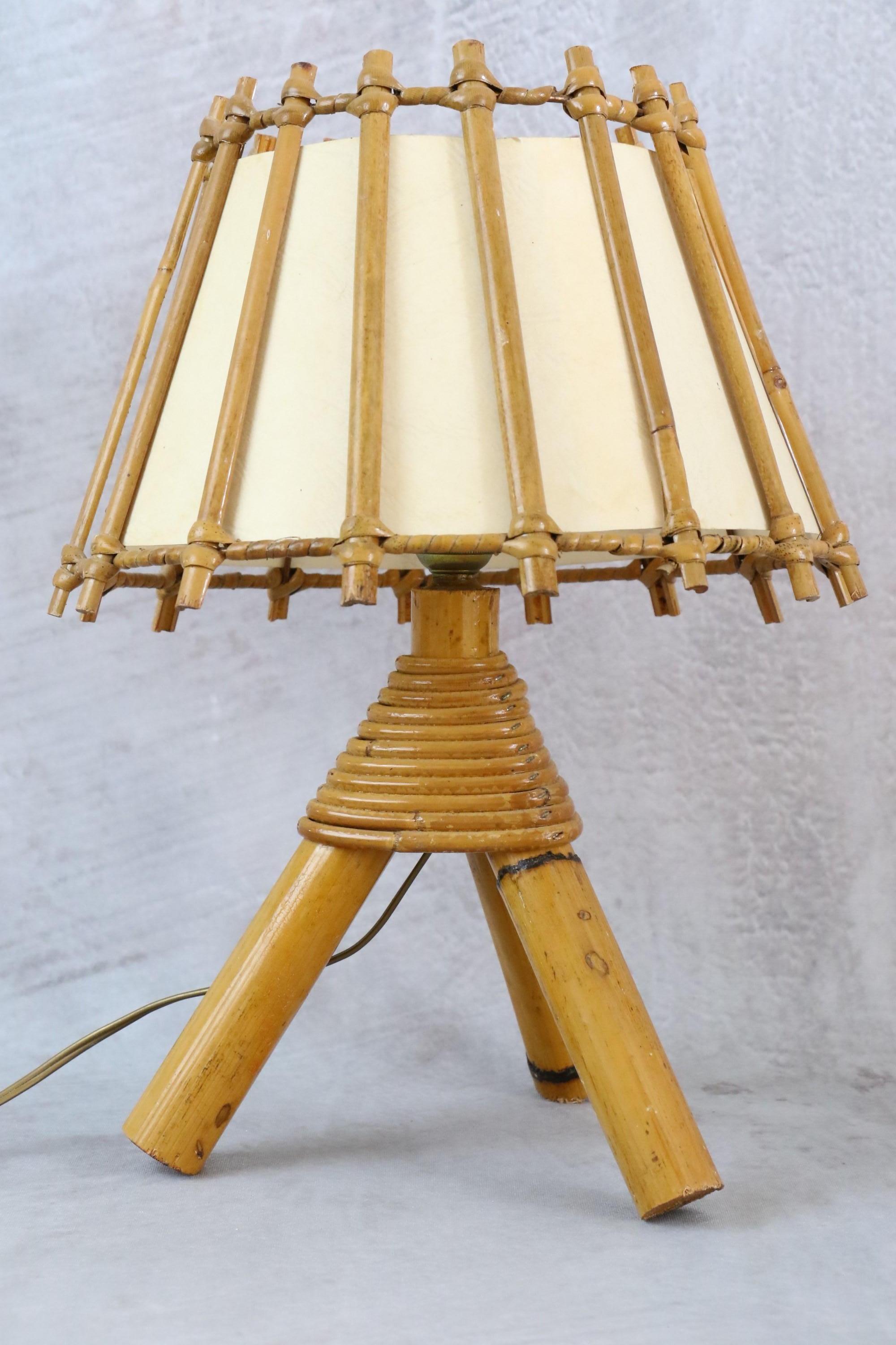 Hand-Crafted Louis Sognot Bamboo and Rattan Table Lamp Mid-Century Modern 1960, France