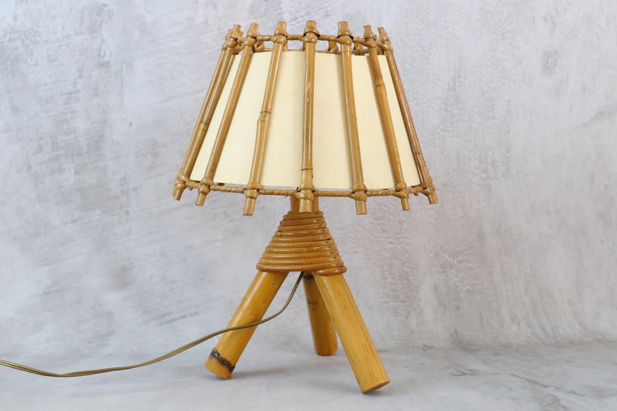 Cotton Louis Sognot Bamboo and Rattan Table Lamp Mid-Century Modern 1960, France