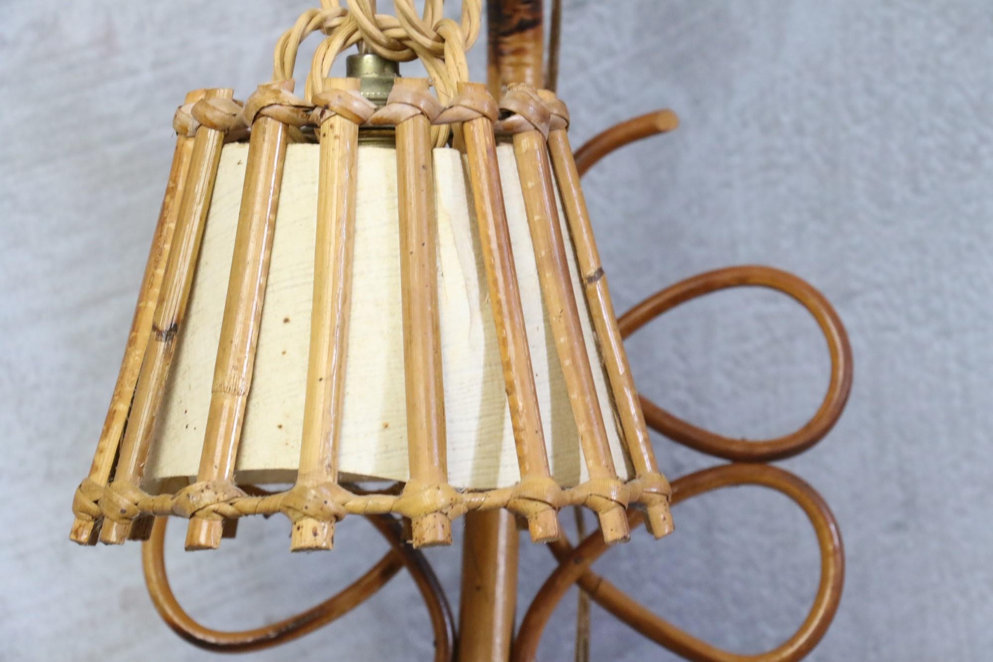 Hand-Crafted Louis Sognot Bamboo and Rattan Wall Lamp Mid Century Modern 1960, France For Sale