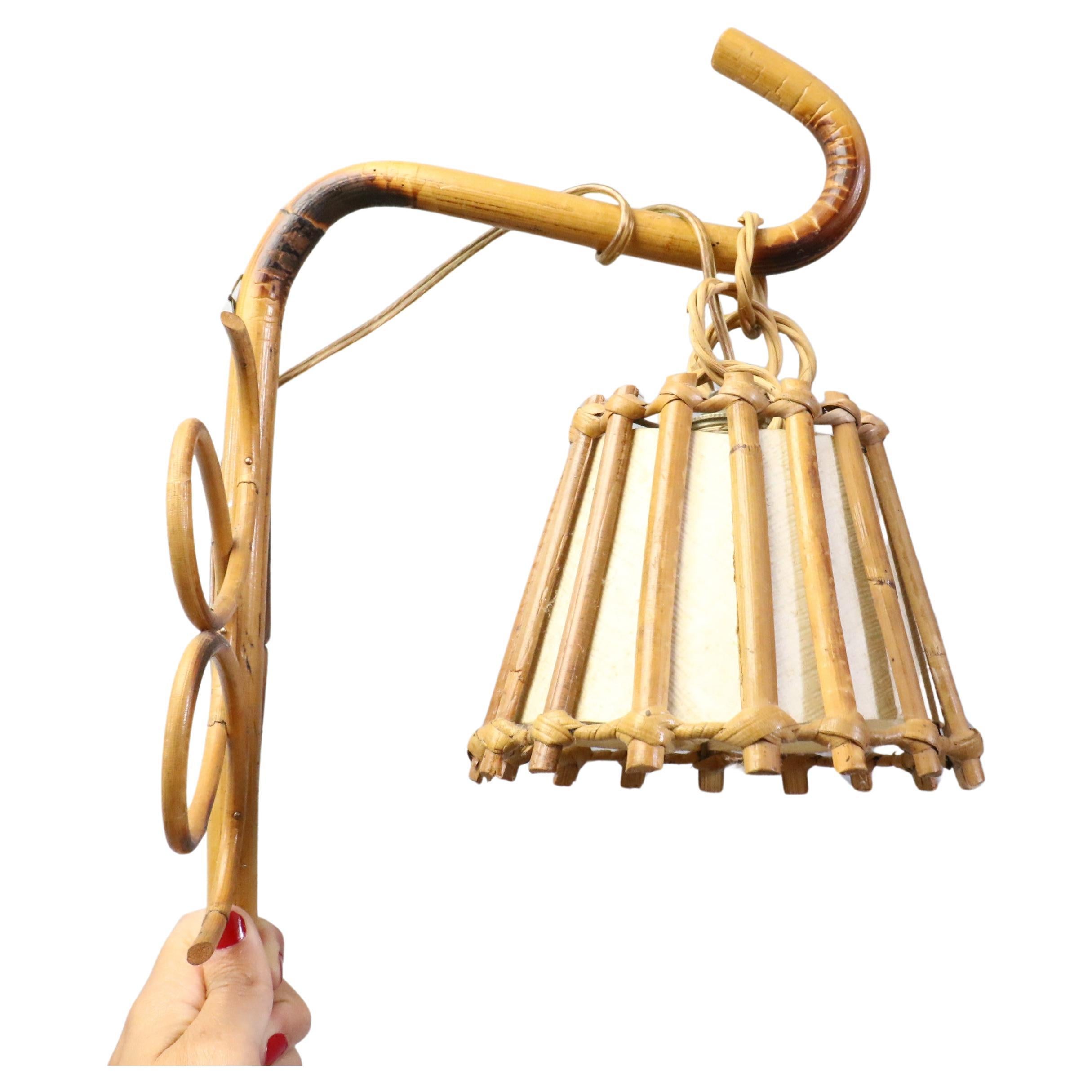 Louis Sognot Bamboo and Rattan Wall Lamp Mid Century Modern 1960, France in vendita