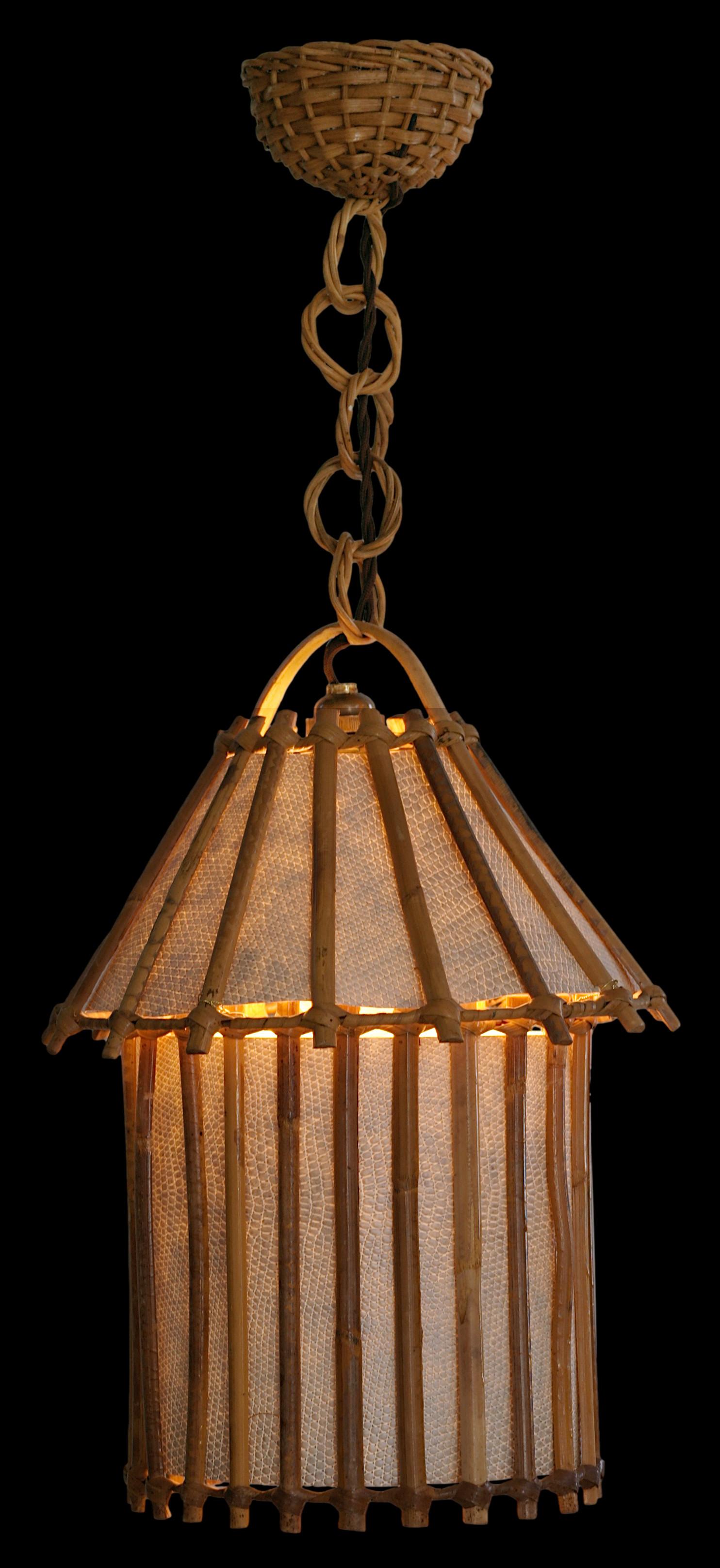 Bamboo lantern by Louis SOGNOT, France, 1950s. Bamboo, rattan and fabric. Measures: height: 21.5