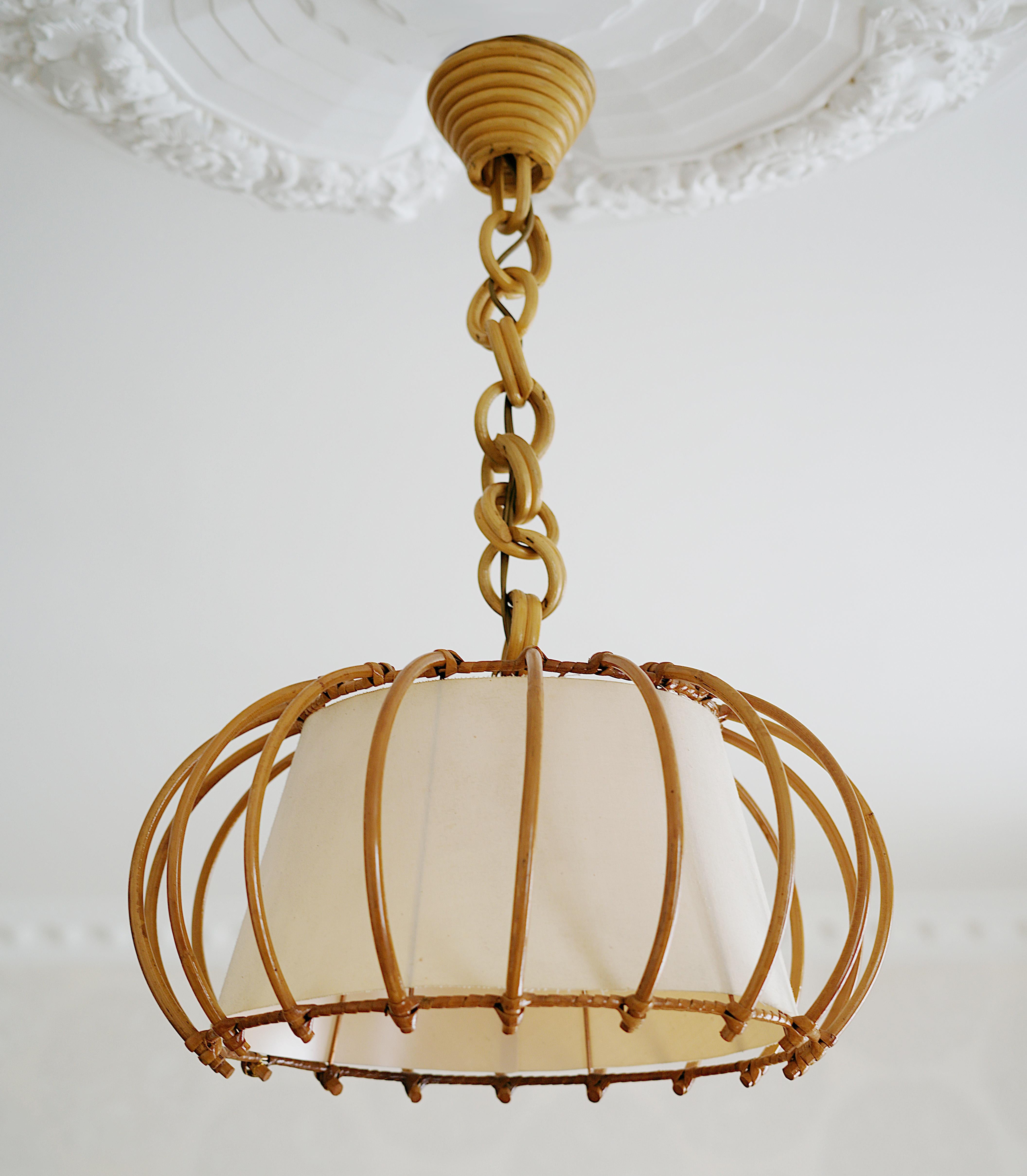 Mid-Century Modern Louis SOGNOT Bamboo Pendant Chandelier, 1950s For Sale