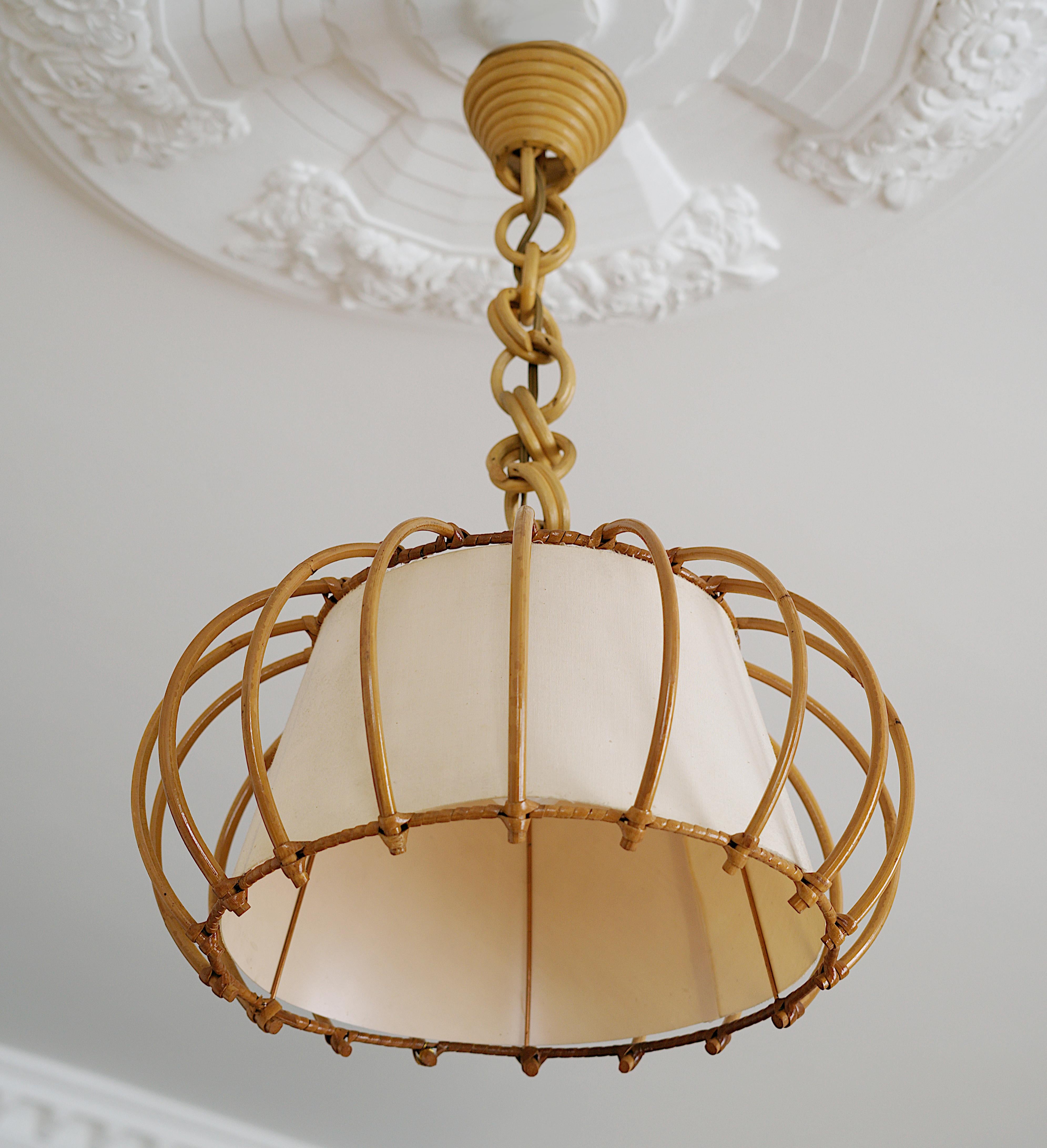 French Louis SOGNOT Bamboo Pendant Chandelier, 1950s For Sale