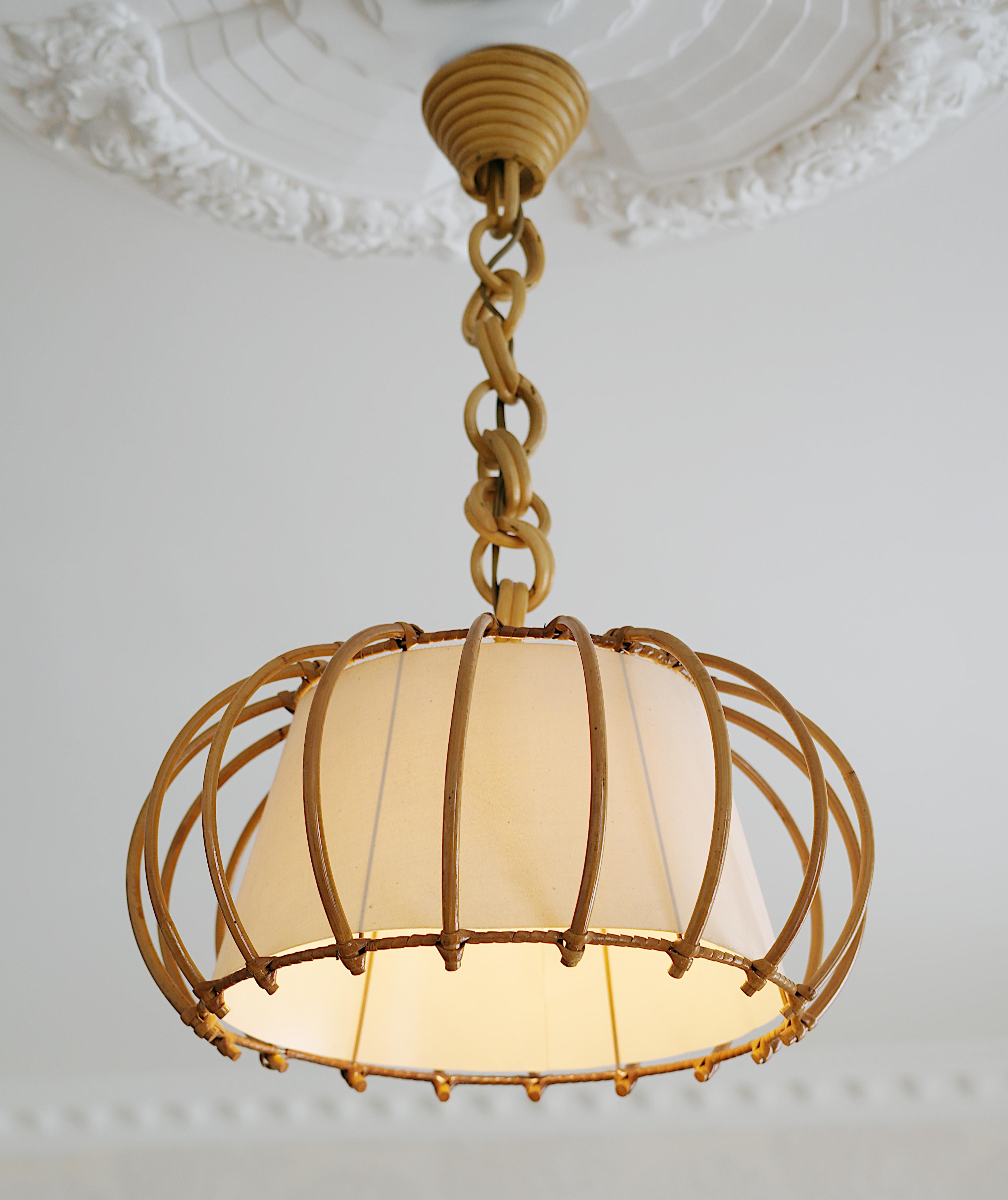 Mid-20th Century Louis SOGNOT Bamboo Pendant Chandelier, 1950s For Sale