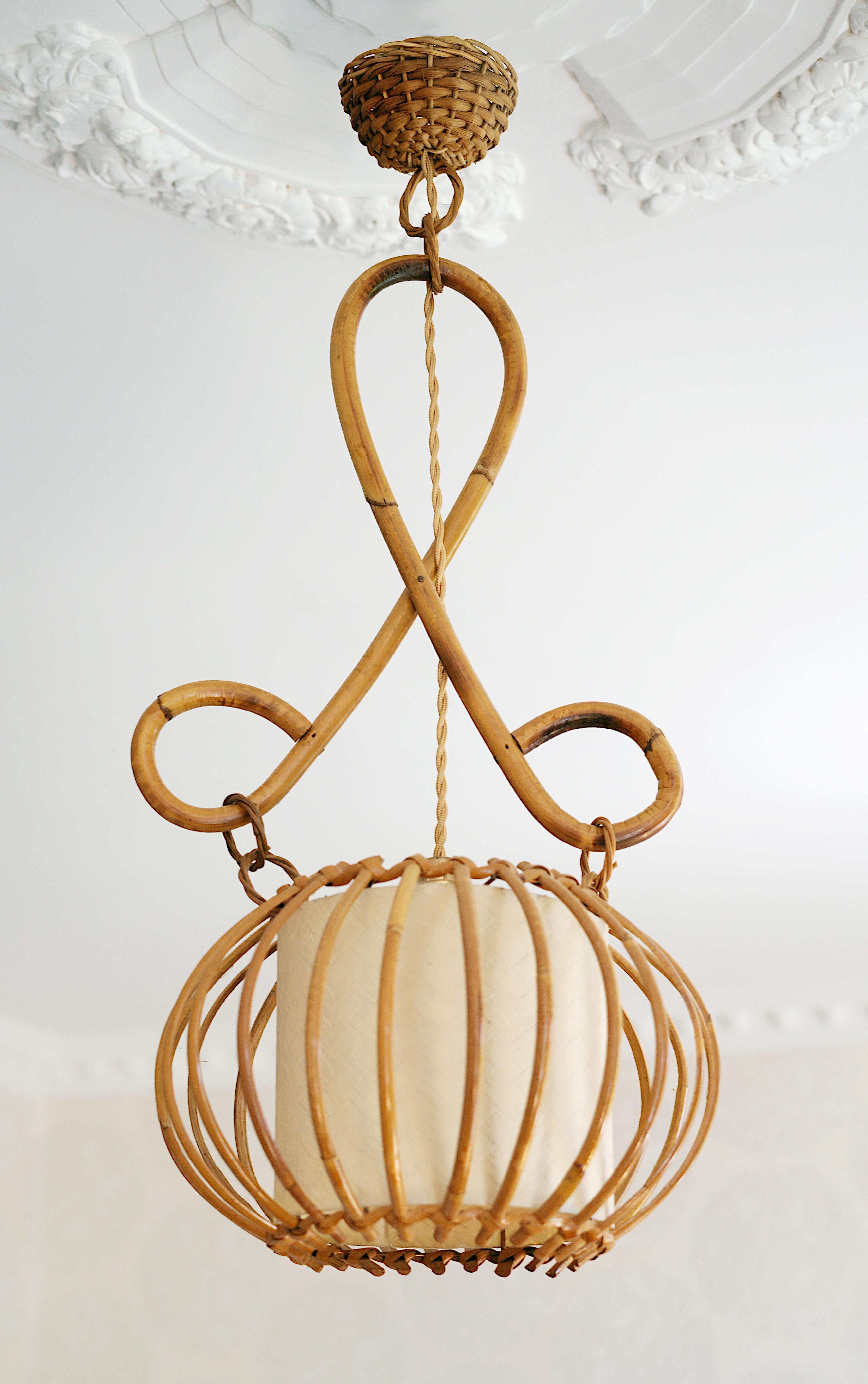 Mid-Century Modern Louis SOGNOT Bamboo Pendant Lantern, 1950s For Sale