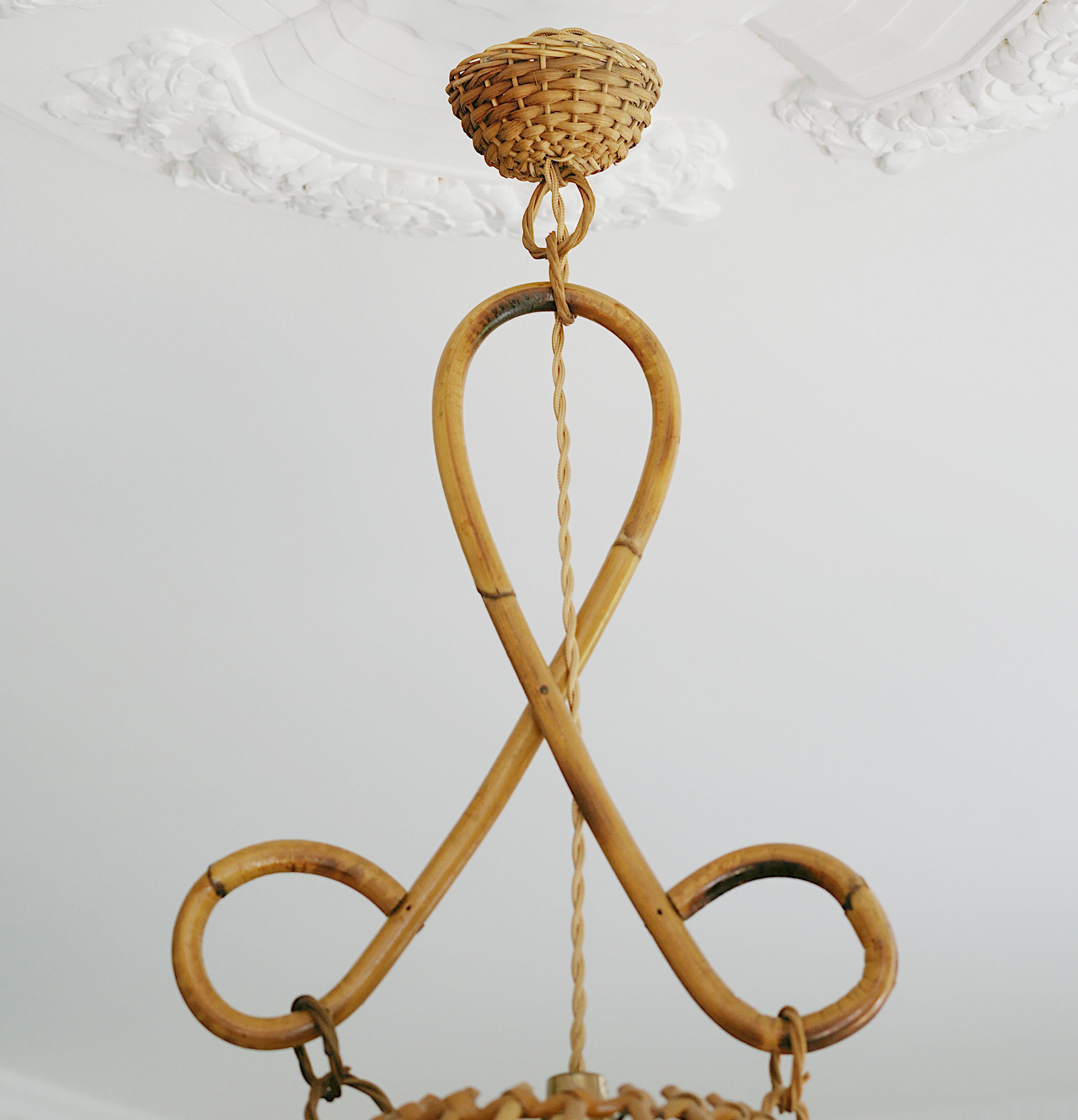 French Louis SOGNOT Bamboo Pendant Lantern, 1950s For Sale