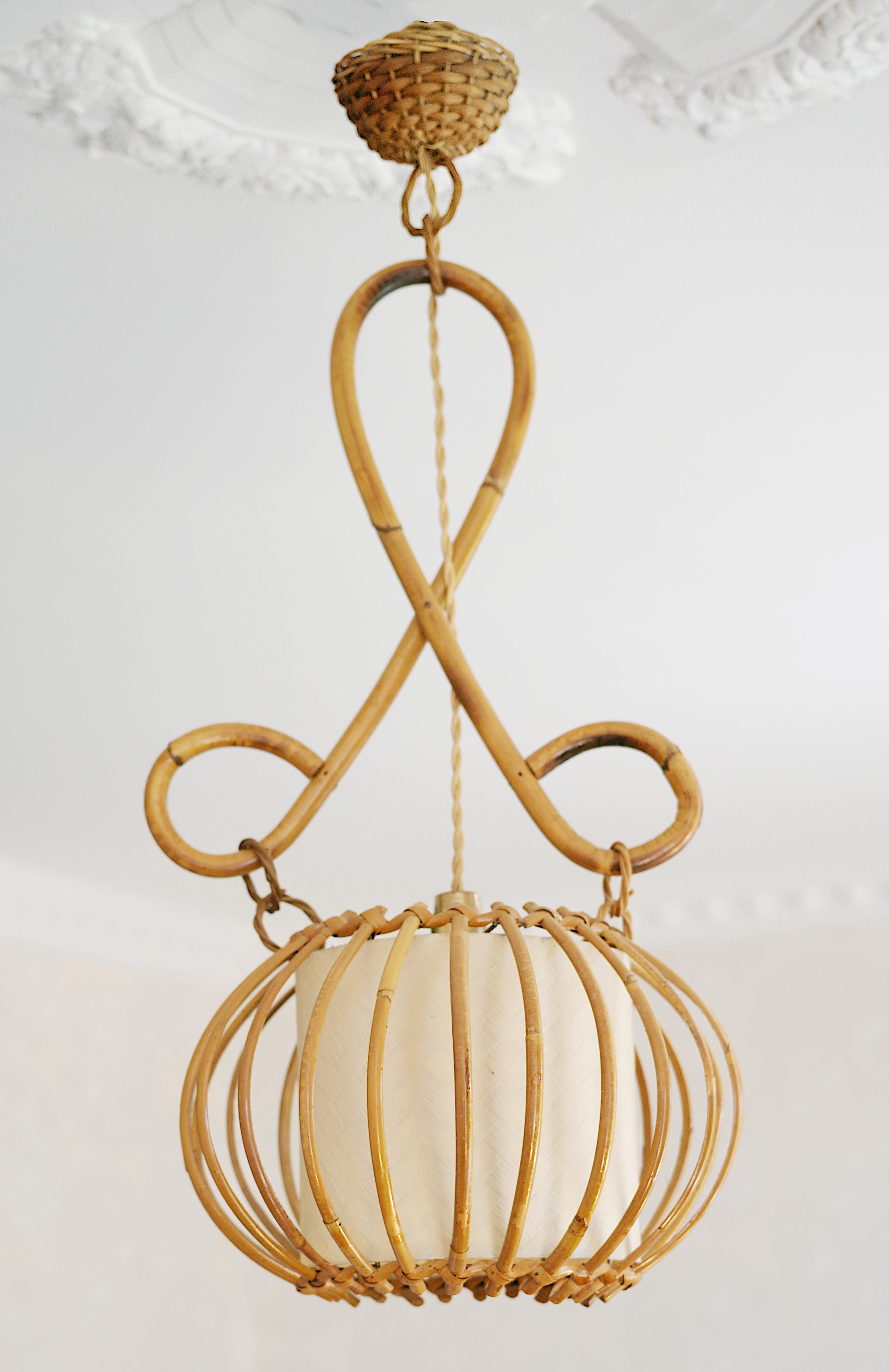 Louis SOGNOT Bamboo Pendant Lantern, 1950s In Excellent Condition For Sale In Saint-Amans-des-Cots, FR
