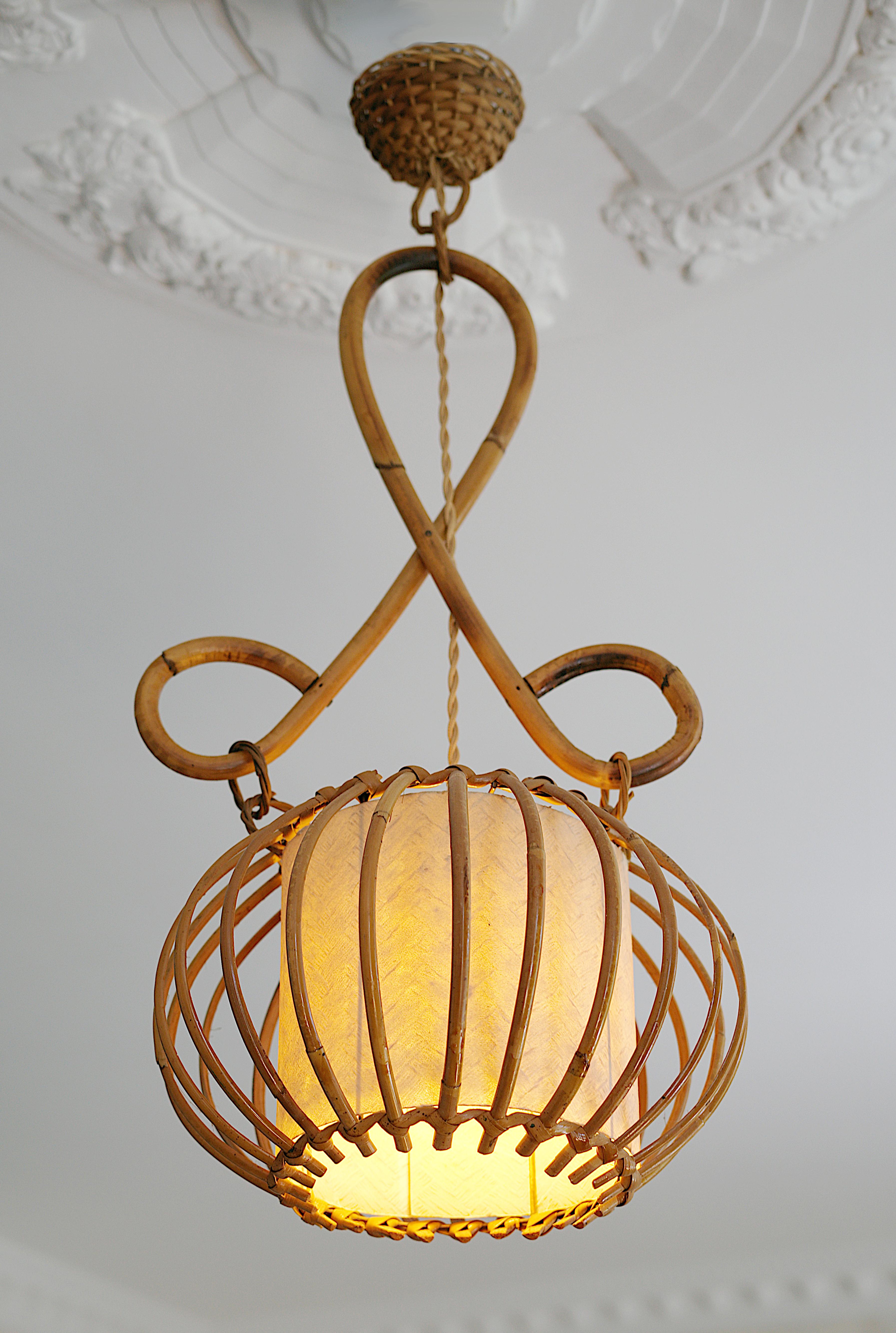 Mid-20th Century Louis SOGNOT Bamboo Pendant Lantern, 1950s For Sale