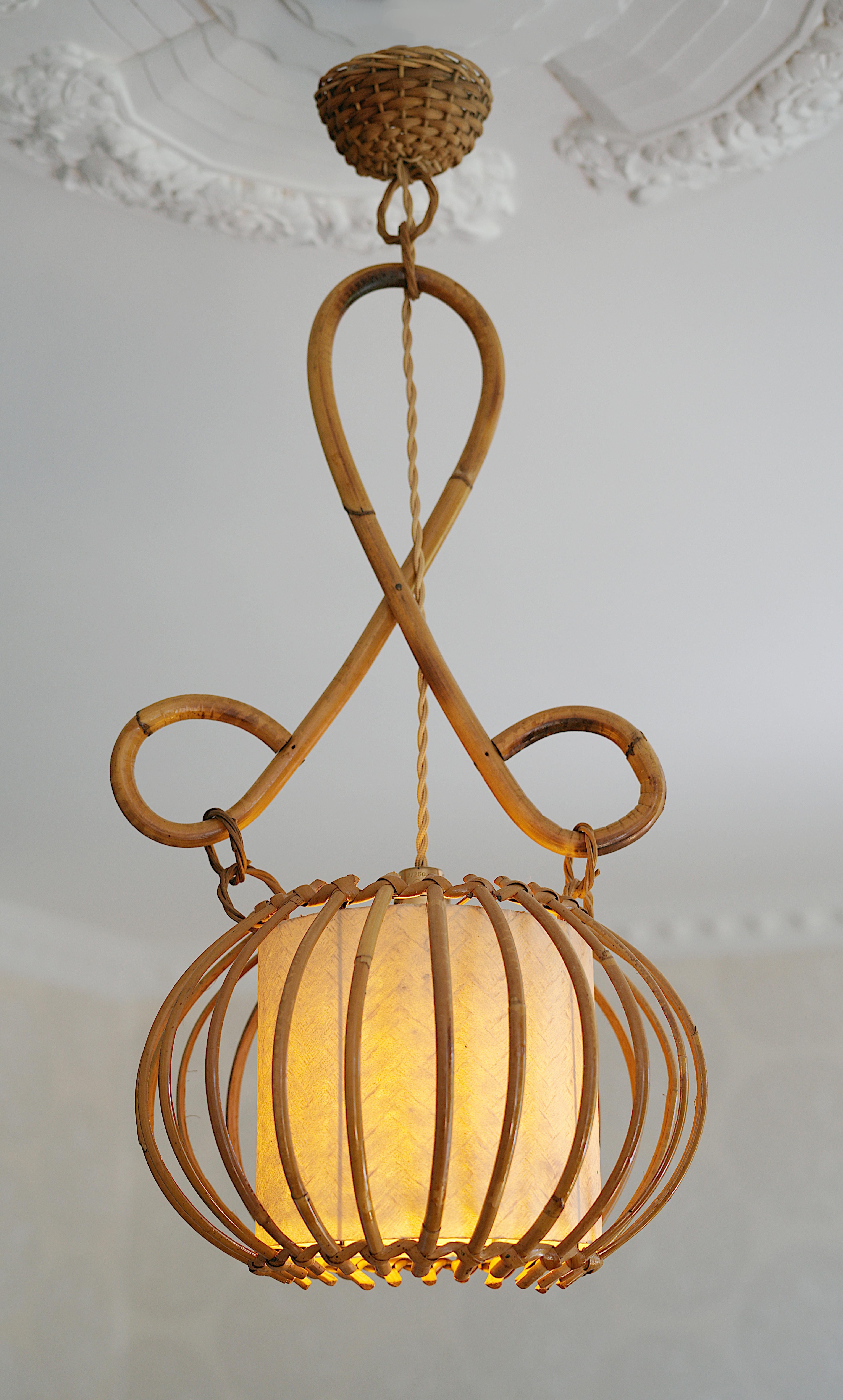 Louis SOGNOT Bamboo Pendant Lantern, 1950s For Sale 1