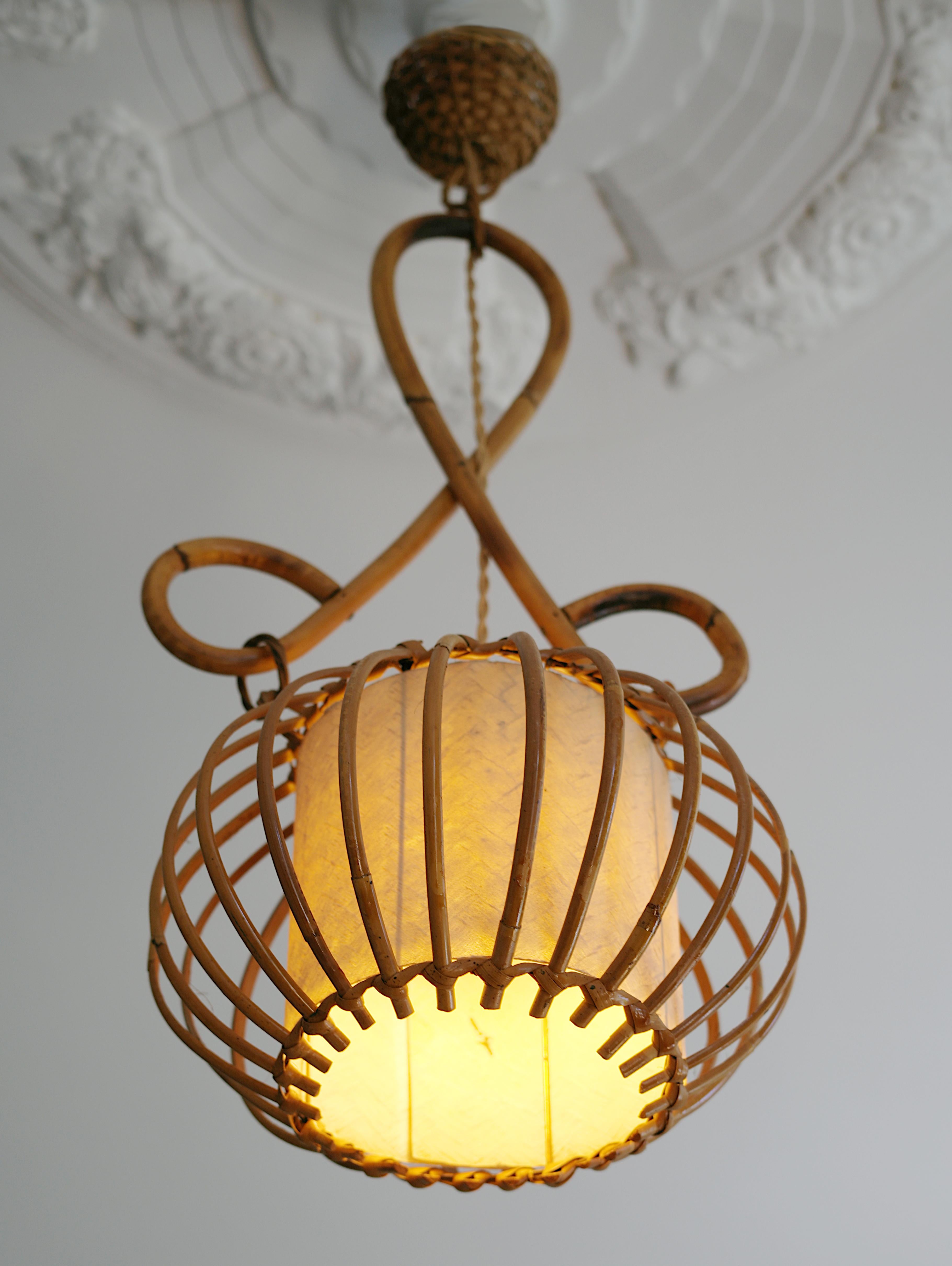 Louis SOGNOT Bamboo Pendant Lantern, 1950s For Sale 2