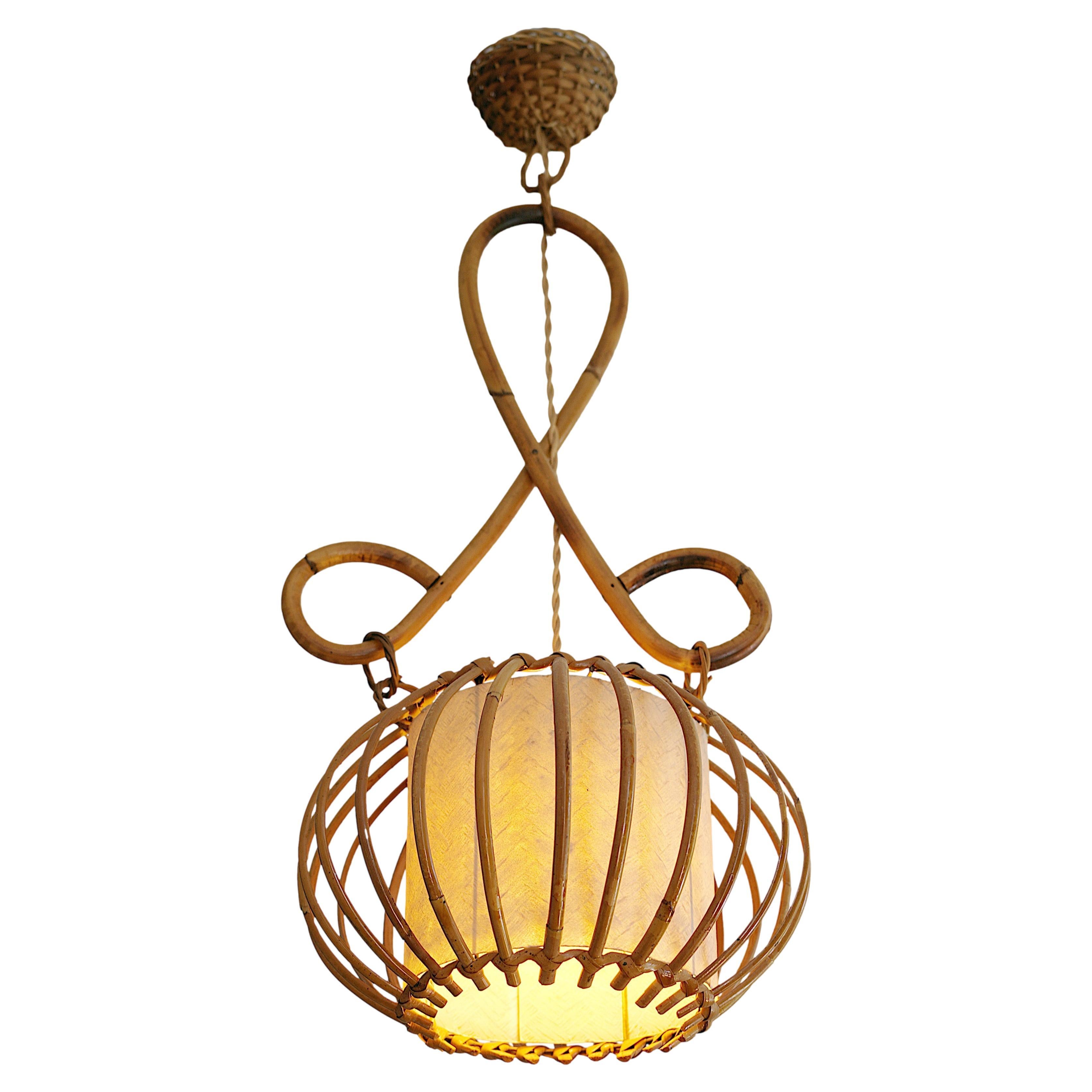 Louis SOGNOT Bamboo Pendant Lantern, 1950s For Sale